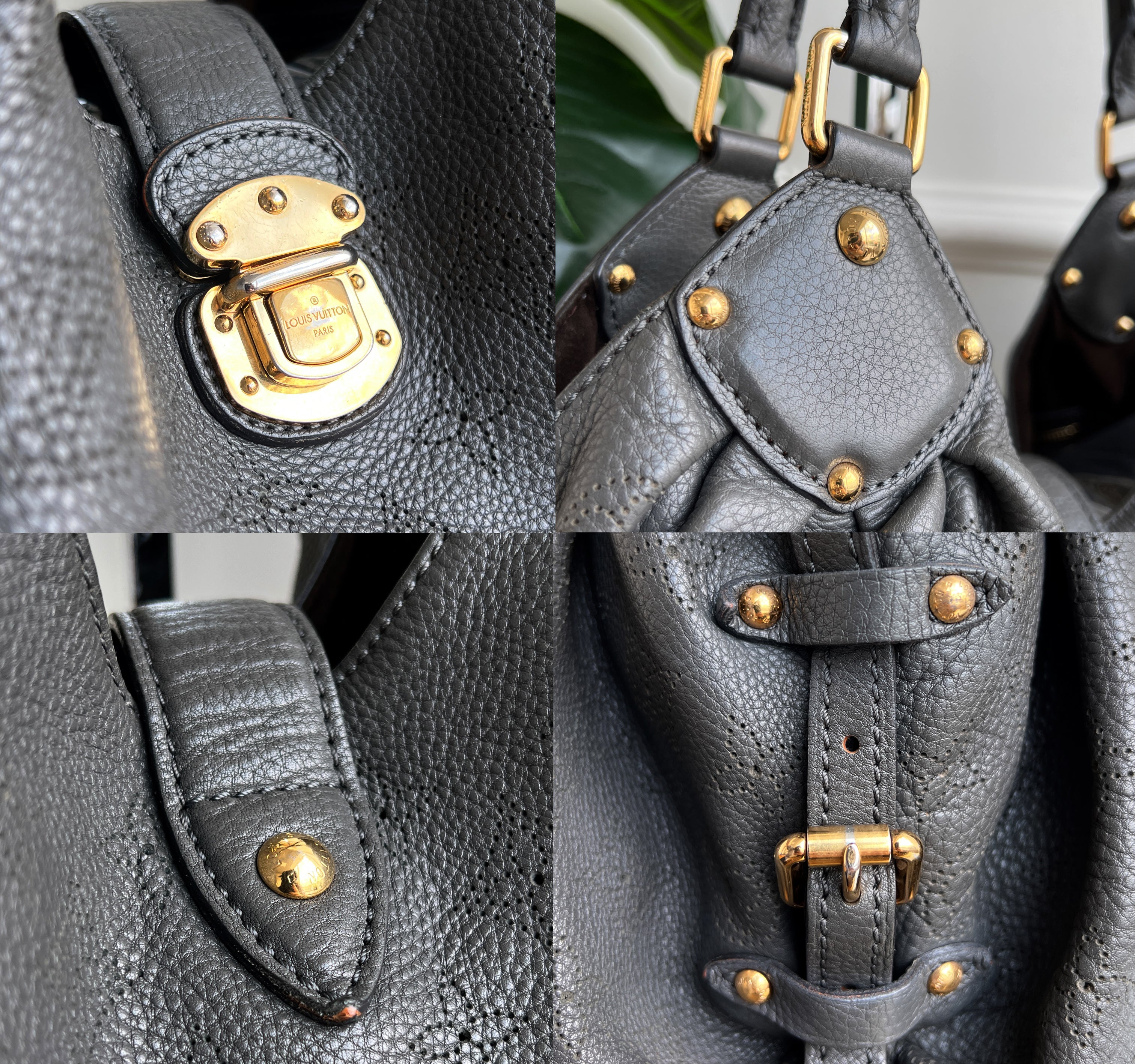 Louis Vuitton Mahina L Leather Gray Monogram Hobo Shoulder Bag