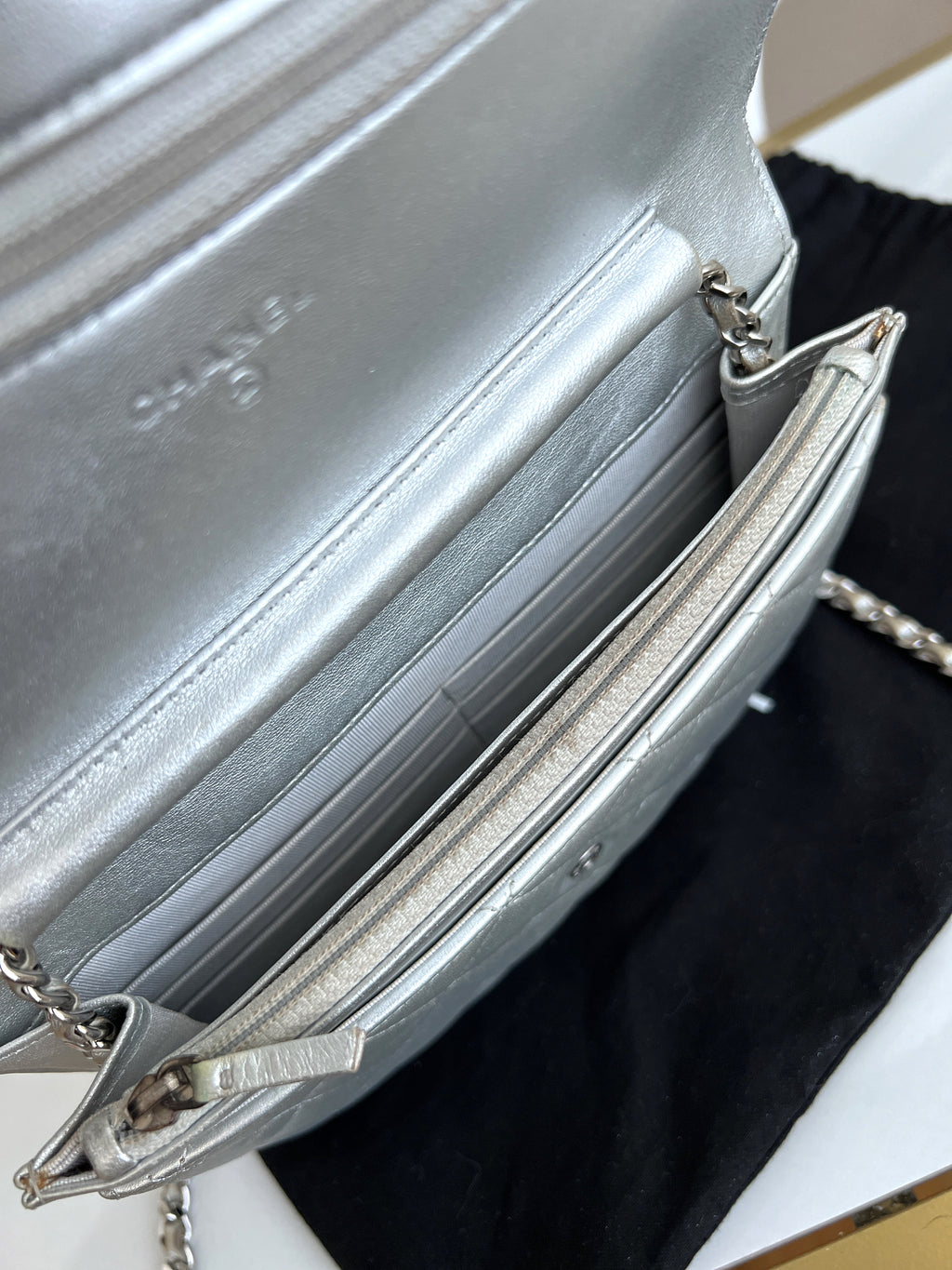 Chanel Woc Leather Lambskin Silver Chain Crossbody Clutch Bag