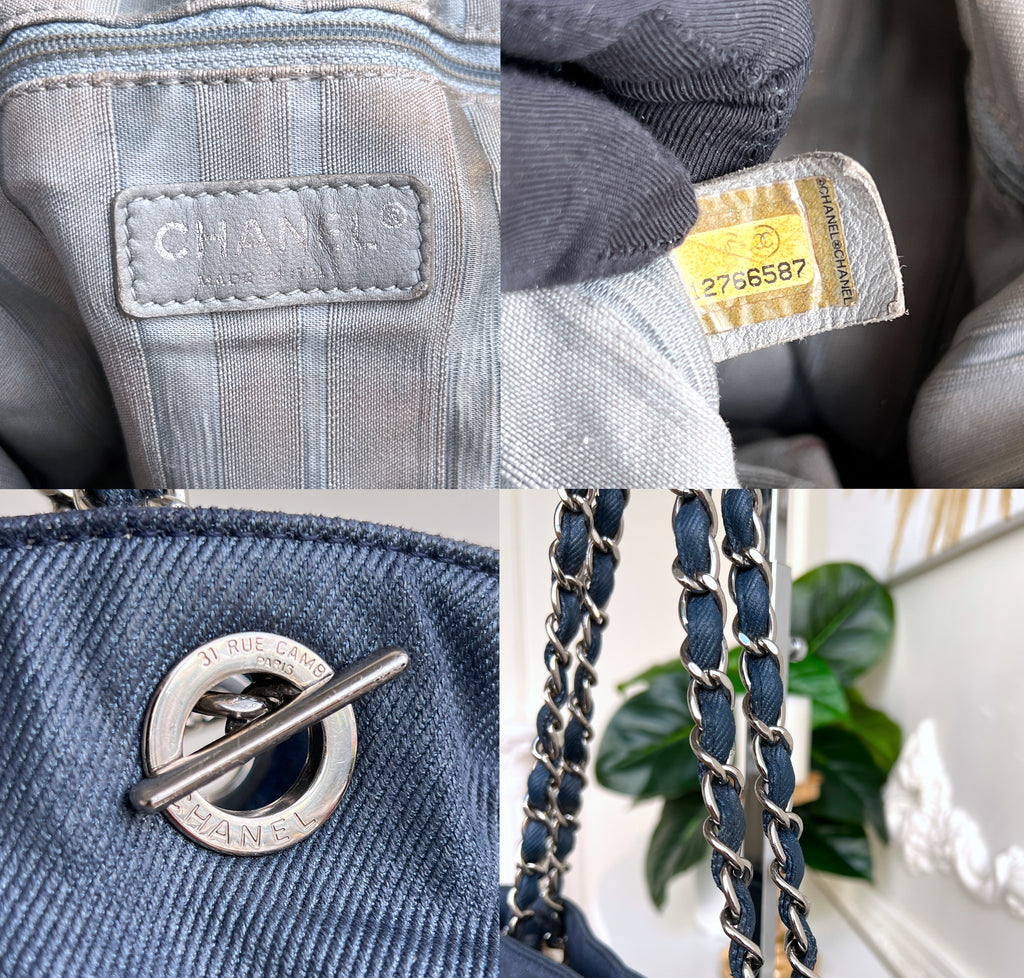 Chanel Denim Discus Large Drawstring Tote Shoulder Shopping CC Bag