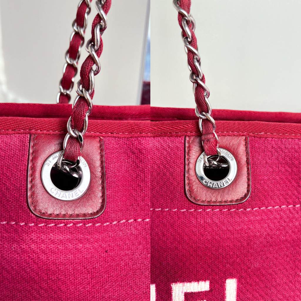Authentic Chanel Deauville tote red in Cotton Shoulder handbag