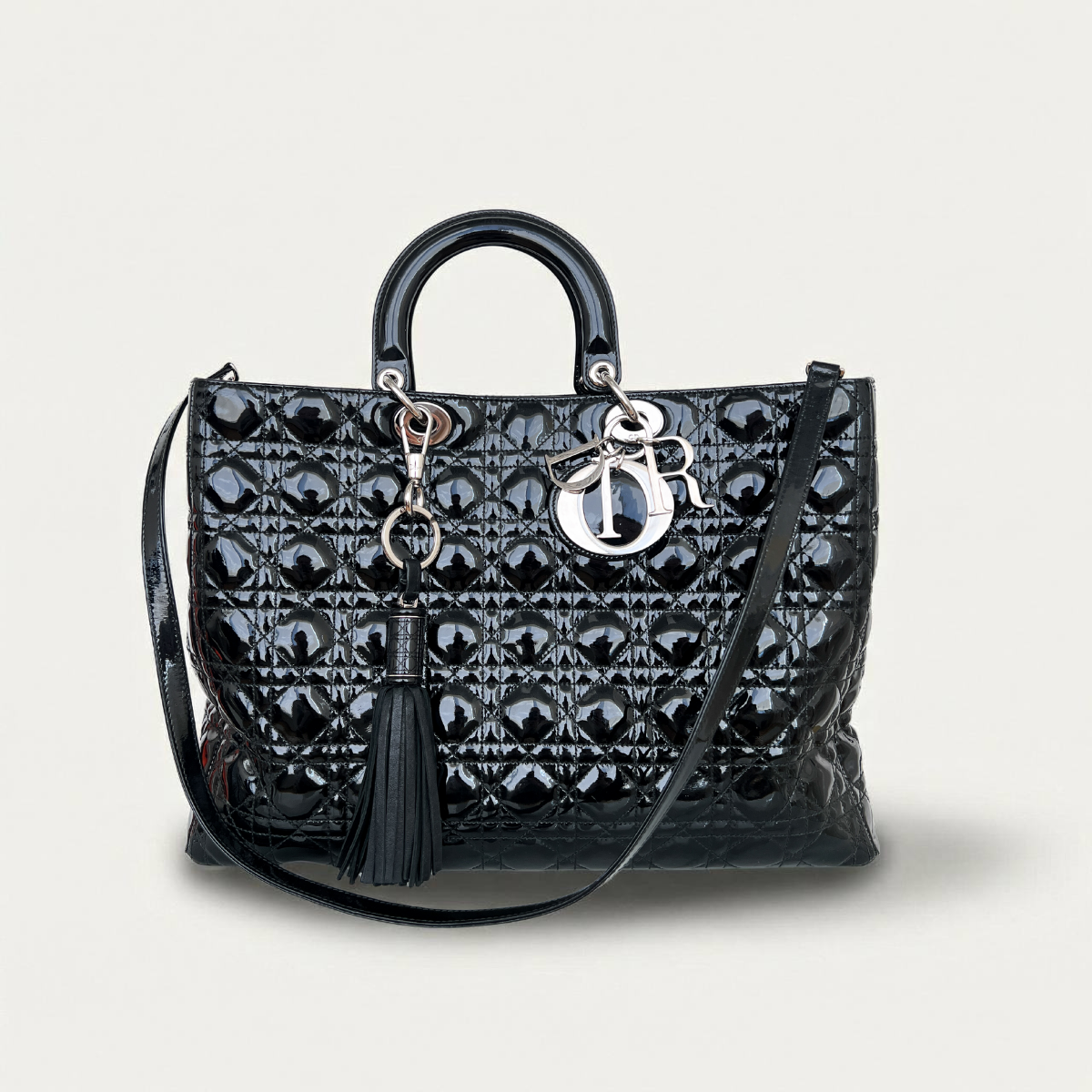 Sac cabas Christian Dior Cannage en cuir de veau noir XL avec porte-clés