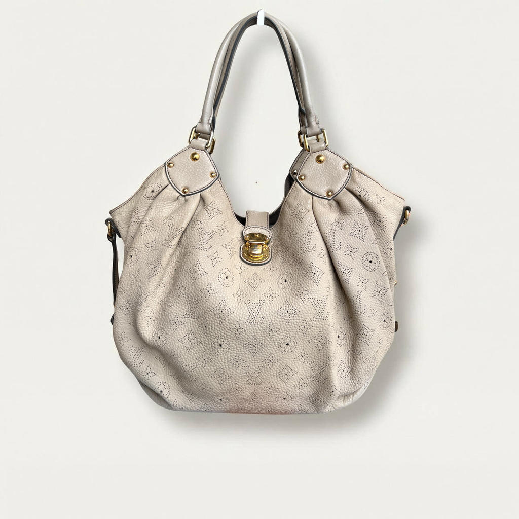 Louis Vuitton Mahina L Leather Beige Monogram Hobo Shoulder Bag