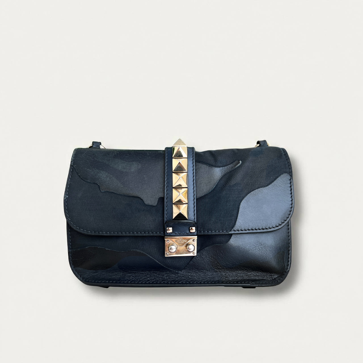 Valentino Rockstud Glam Lock Dark Blue Leather Crossbody Bag