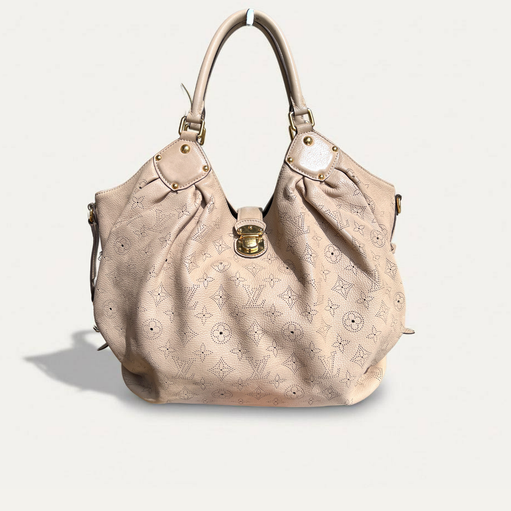 Louis Vuitton Mahina L Leather Beige Monogram Hobo Shoulder
