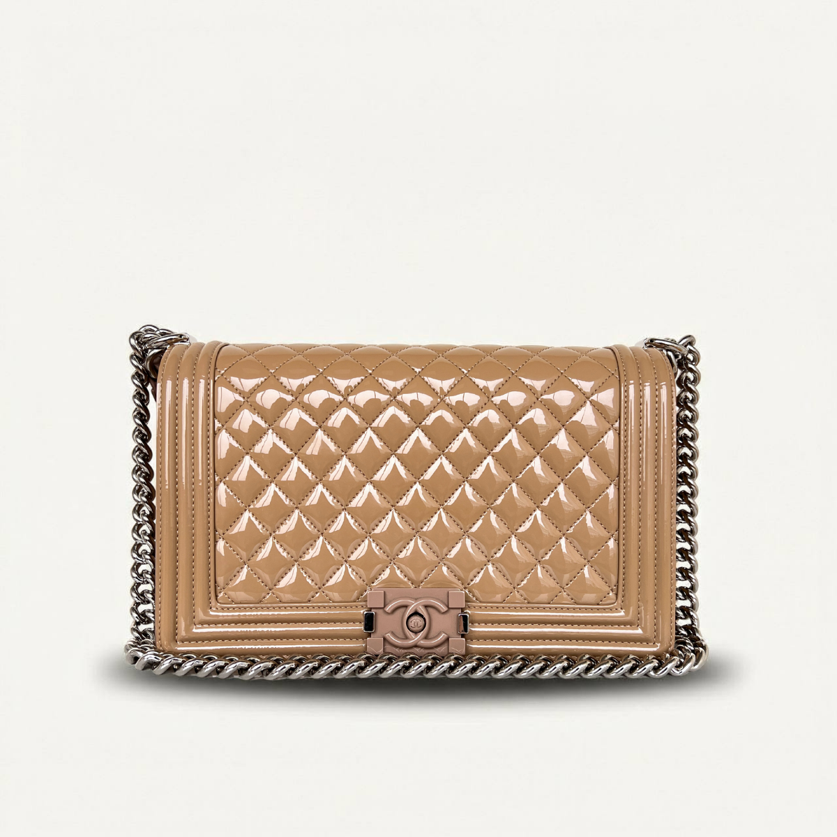 Chanel Boy Medium Patent Beige Quilted Crossbody Bag