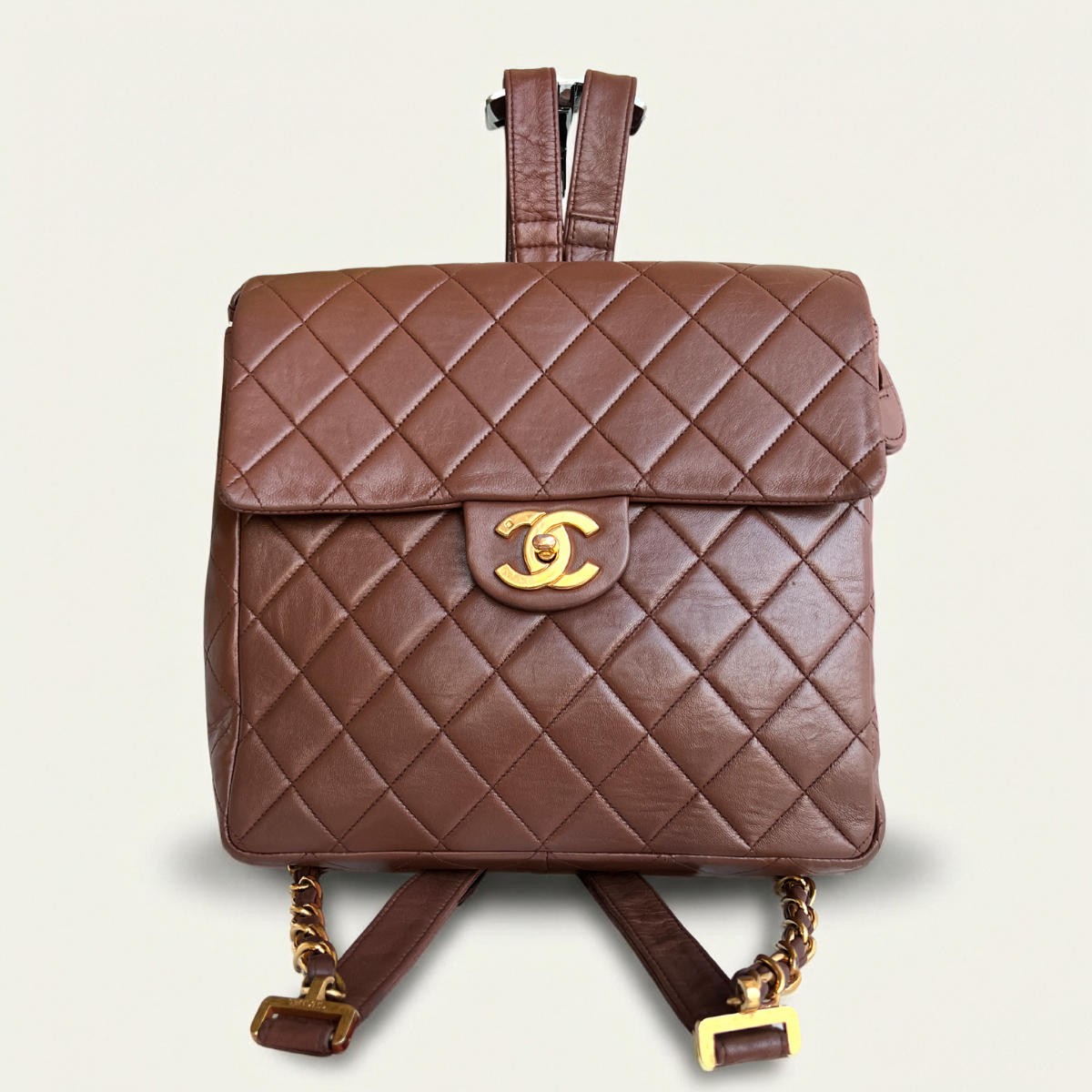 Authentic Chanel Backpack Brown Lambskin Leather Quilted Vintage