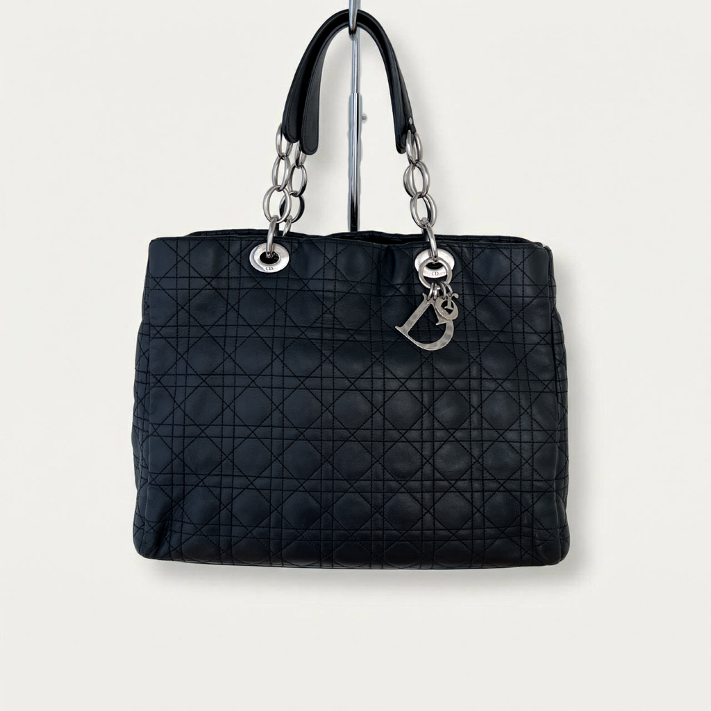 Christian Dior Silver Tote Canage Black Quilted Leather Bag
