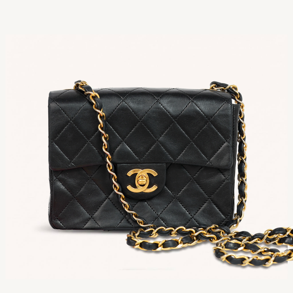 Authentic Chanel Mini square one flap Lambskin chain Shoulder Bag crossbody black