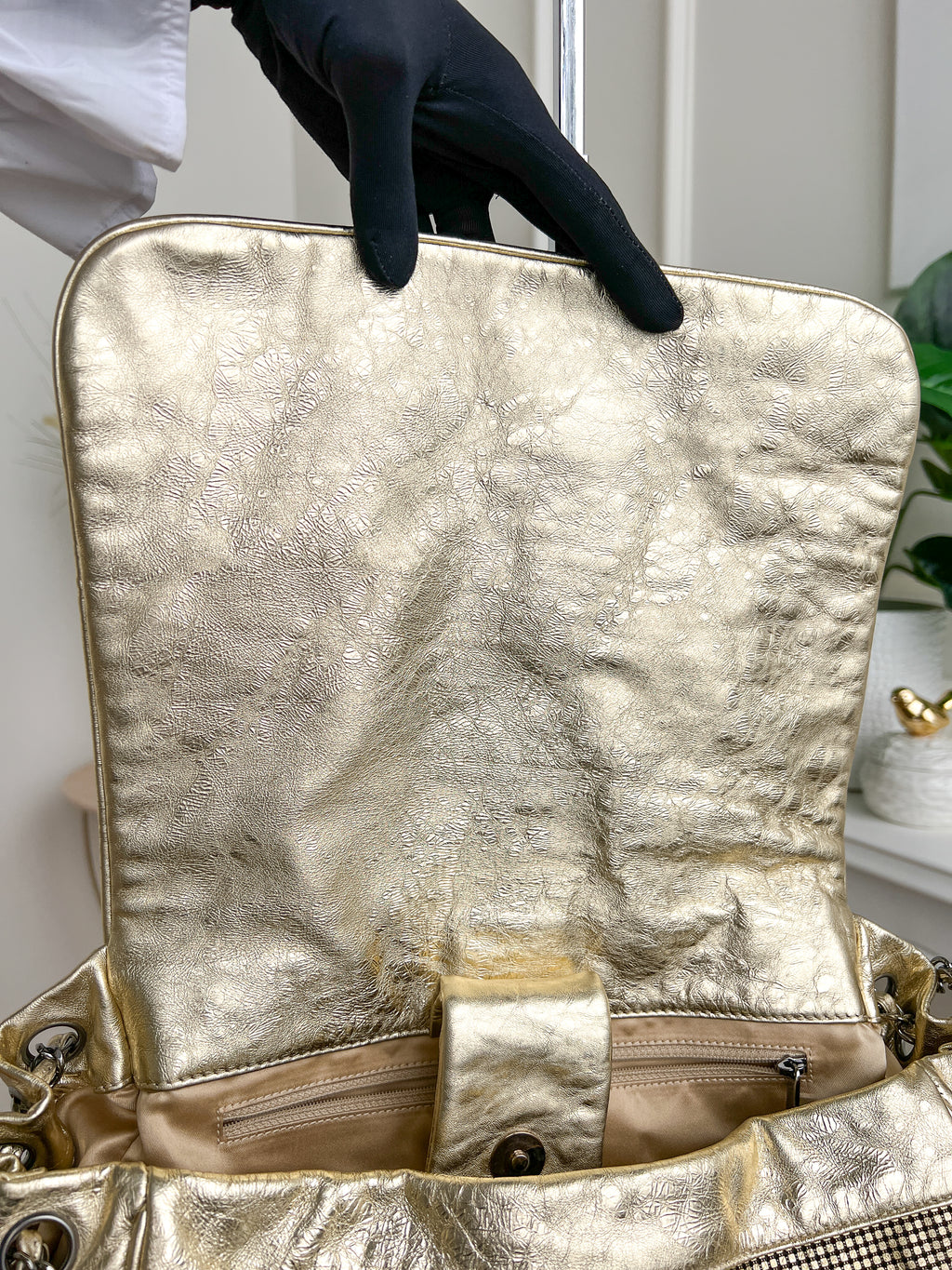Authentic Chanel tote accordion gold leather chain bag crossbody handbag