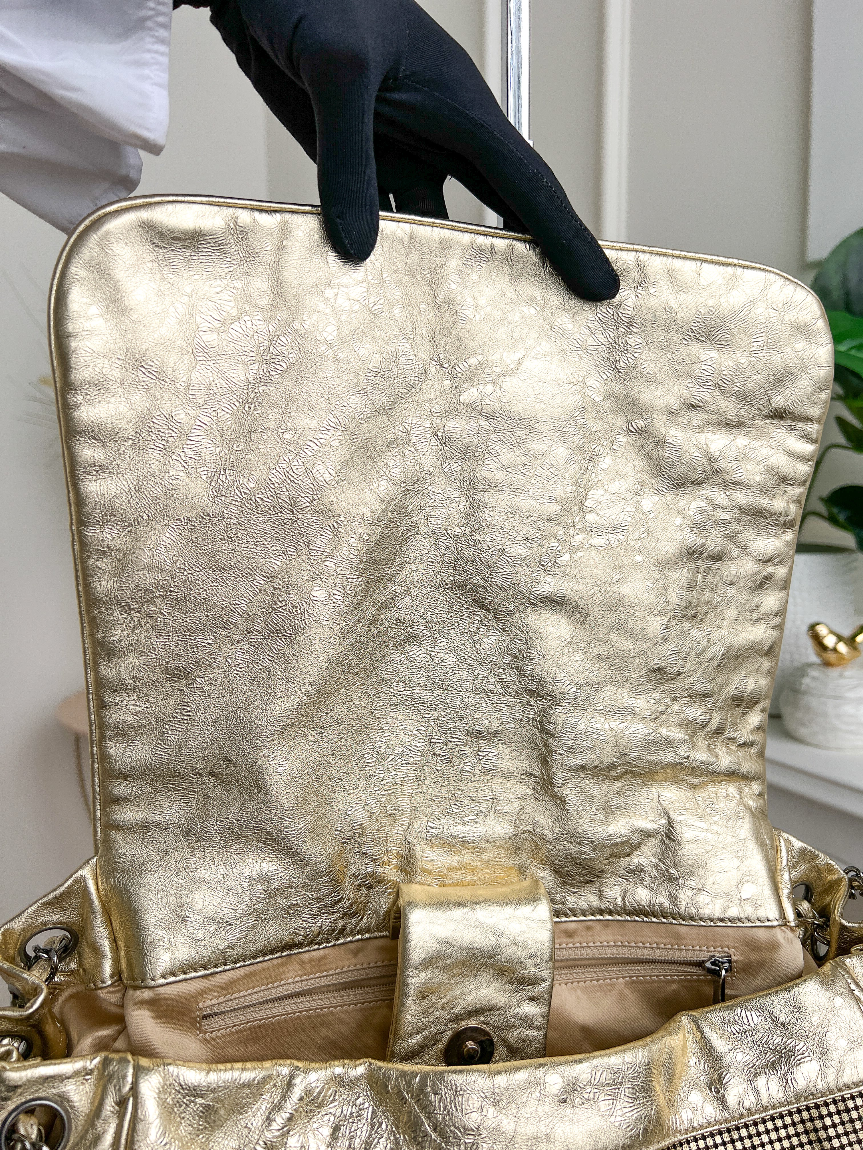 Authentic Chanel tote accordion gold leather chain bag crossbody handbag