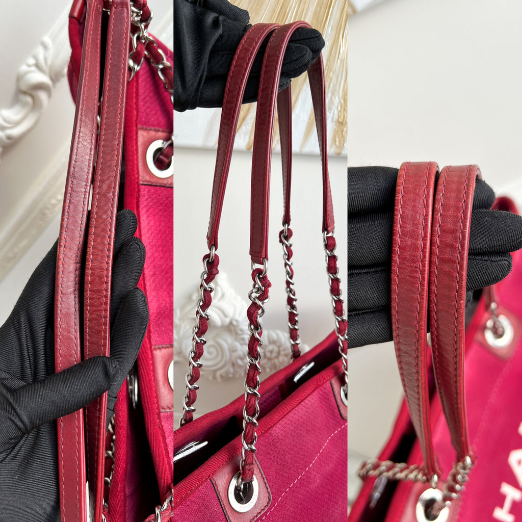 Authentic Chanel Deauville tote red in Cotton Shoulder handbag