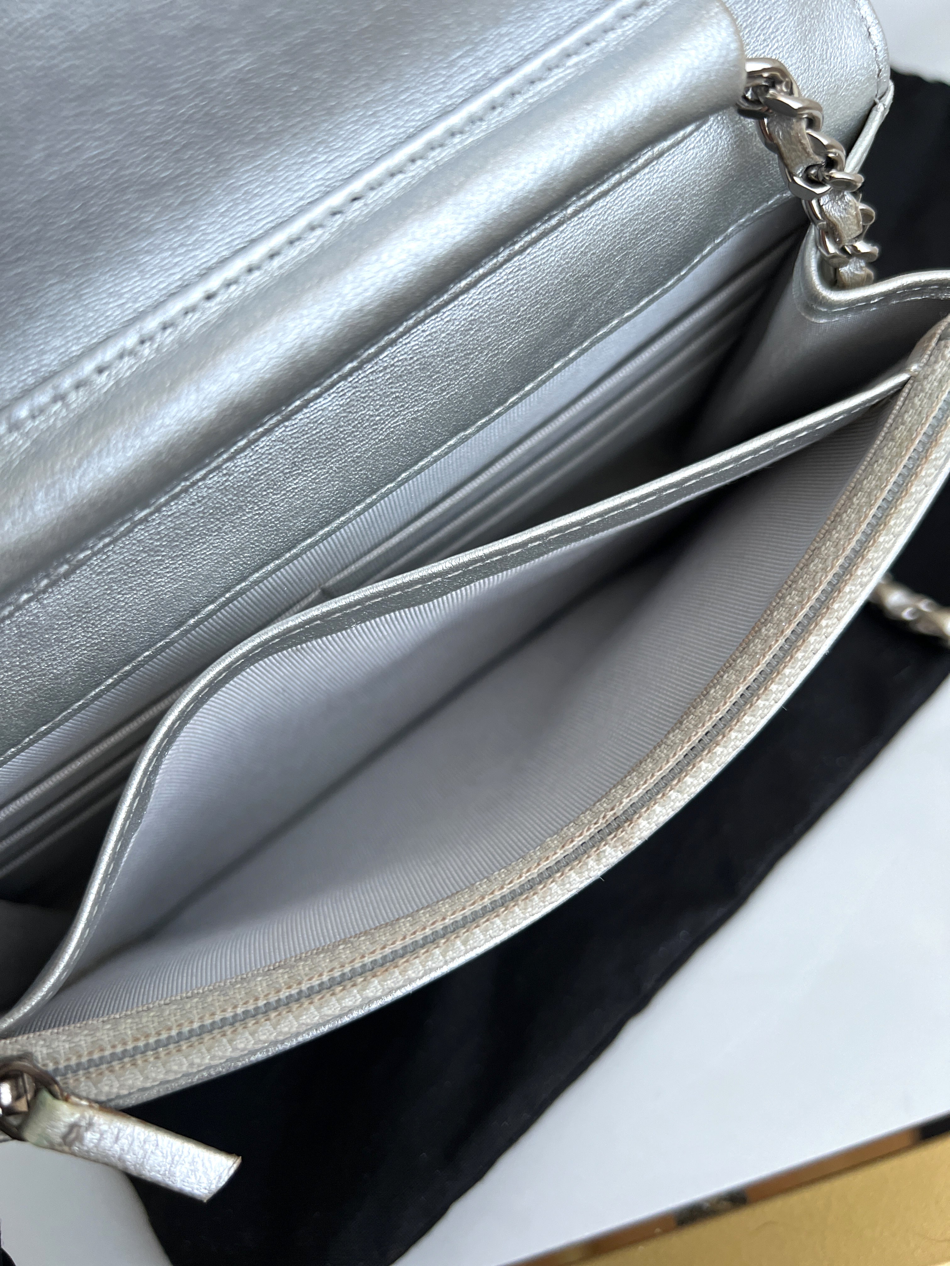 Chanel Woc Leather Lambskin Silver Chain Crossbody Clutch Bag