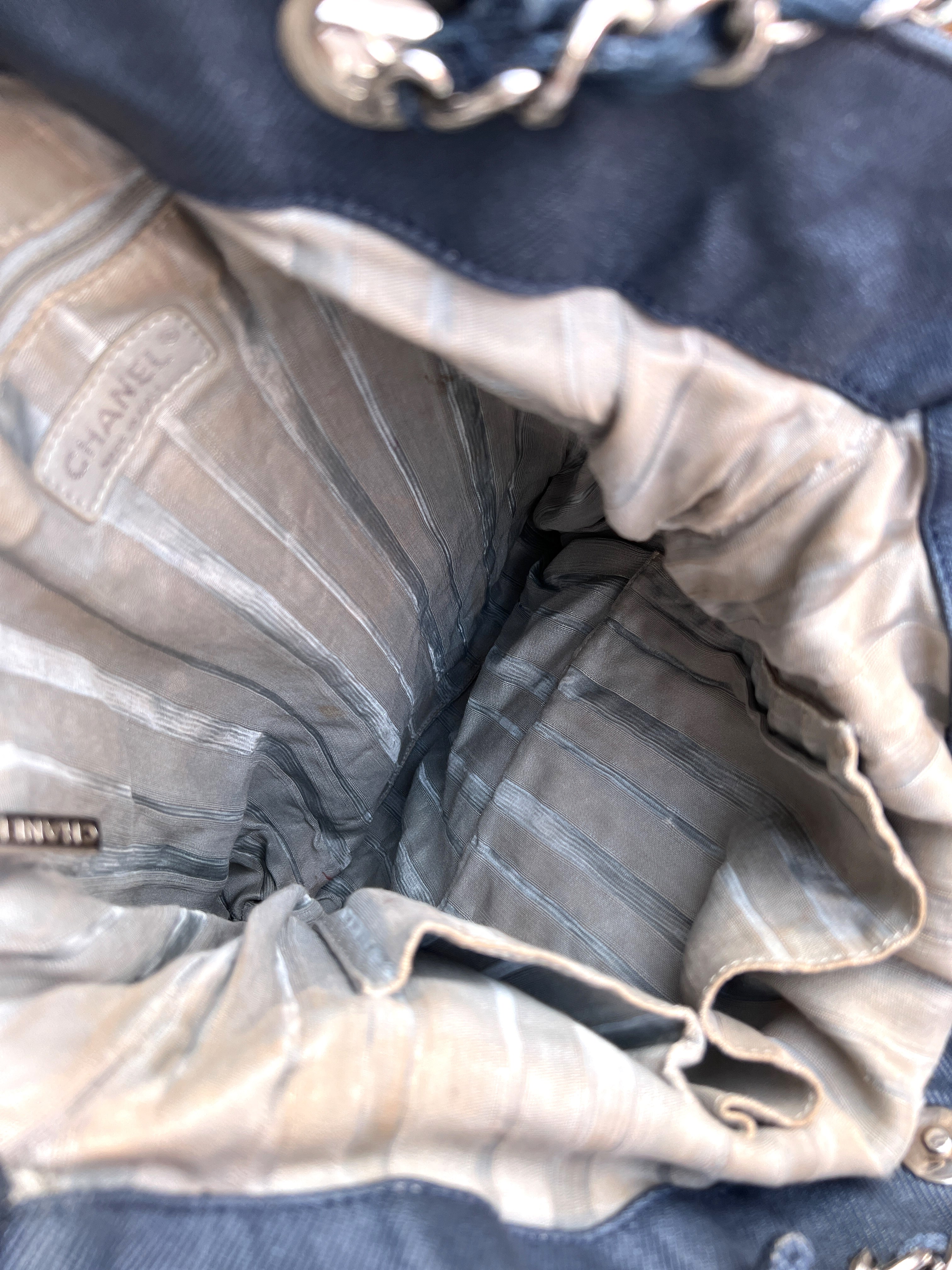 Chanel Denim Discus Large Drawstring Tote Shoulder Shopping CC Bag