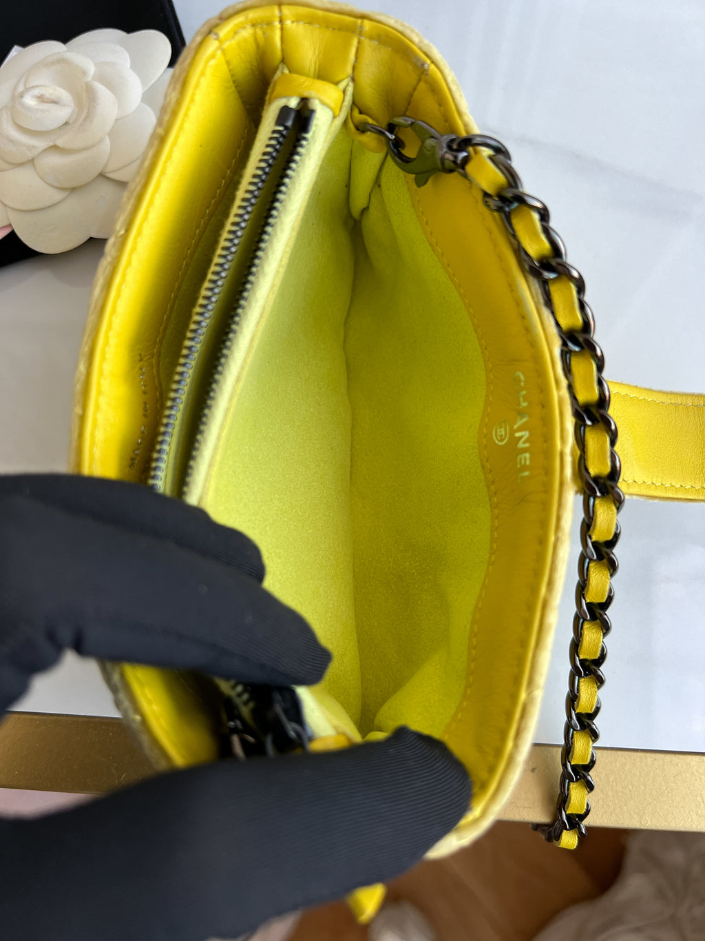 Chanel Mini Phone Holder Quilted Velvet Yellow Clutch Crossbody Bag
