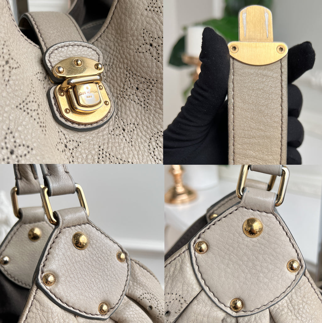 Louis Vuitton Mahina L Leather Beige Monogram Hobo Shoulder Bag