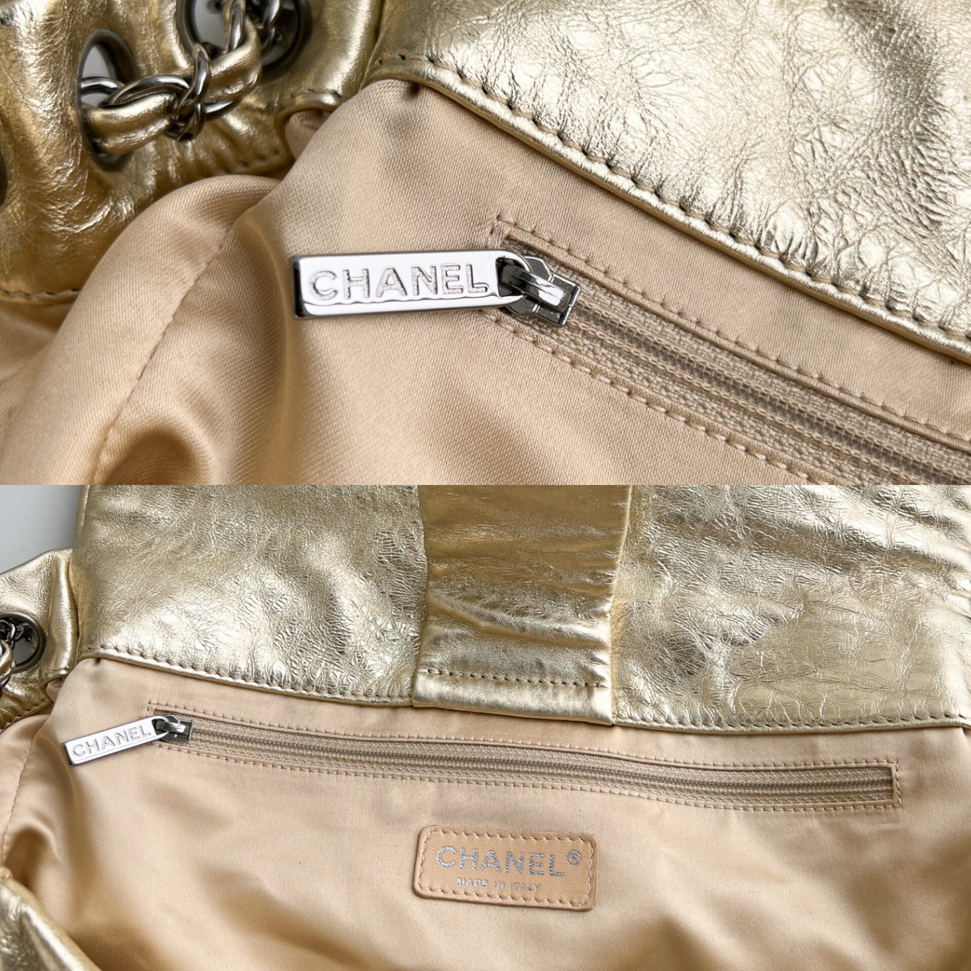 Authentic Chanel tote accordion gold leather chain bag crossbody handbag