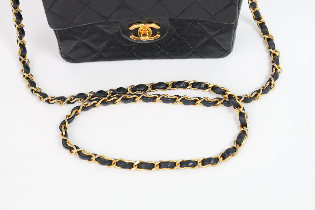 Authentic Chanel Mini square one flap Lambskin chain Shoulder Bag crossbody black