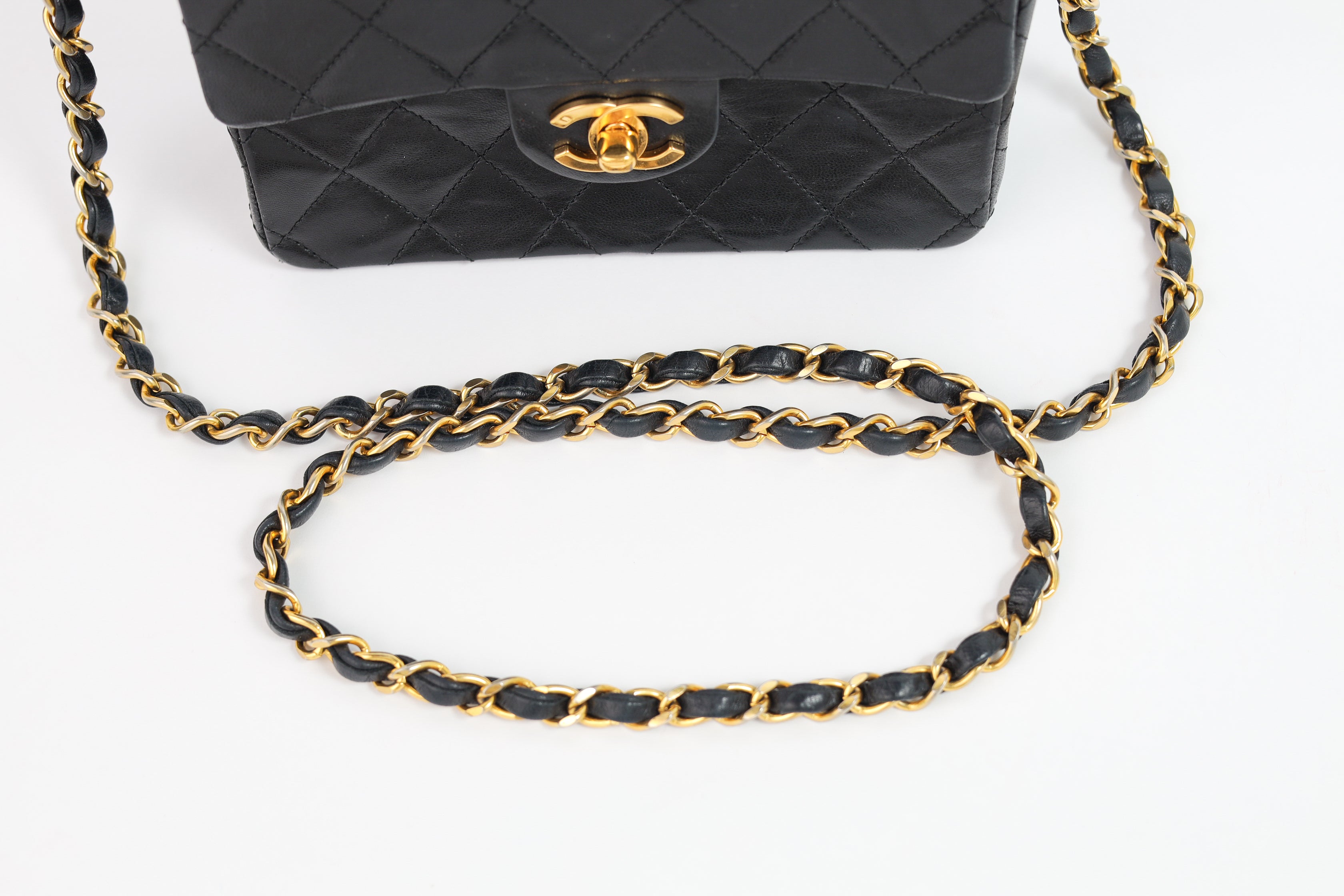 Authentic Chanel Mini square one flap Lambskin chain Shoulder Bag crossbody black