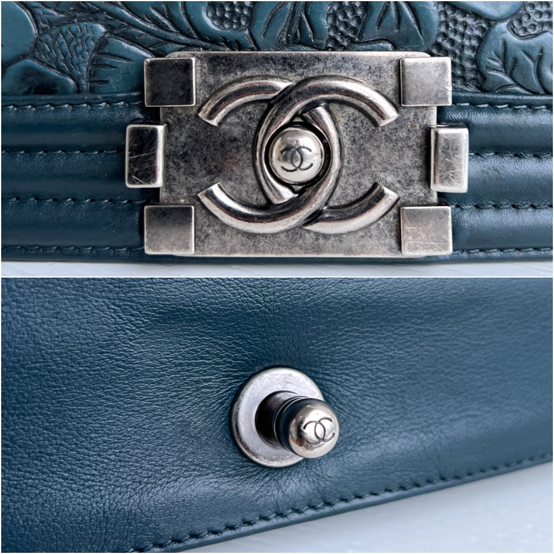 Authentic Chanel old Boy Cordoba Rare Leather dark blue crossbody bag