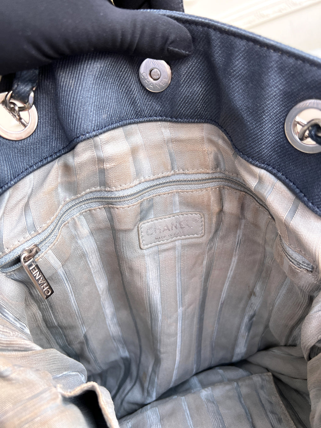 Chanel Denim Discus Large Drawstring Tote Shoulder Shopping CC Bag