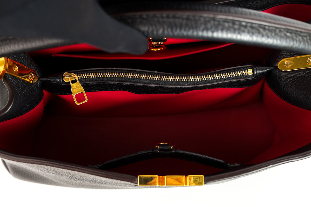 Authentic LV Capucines MM Black Leather Fuchsia Inside Handbag