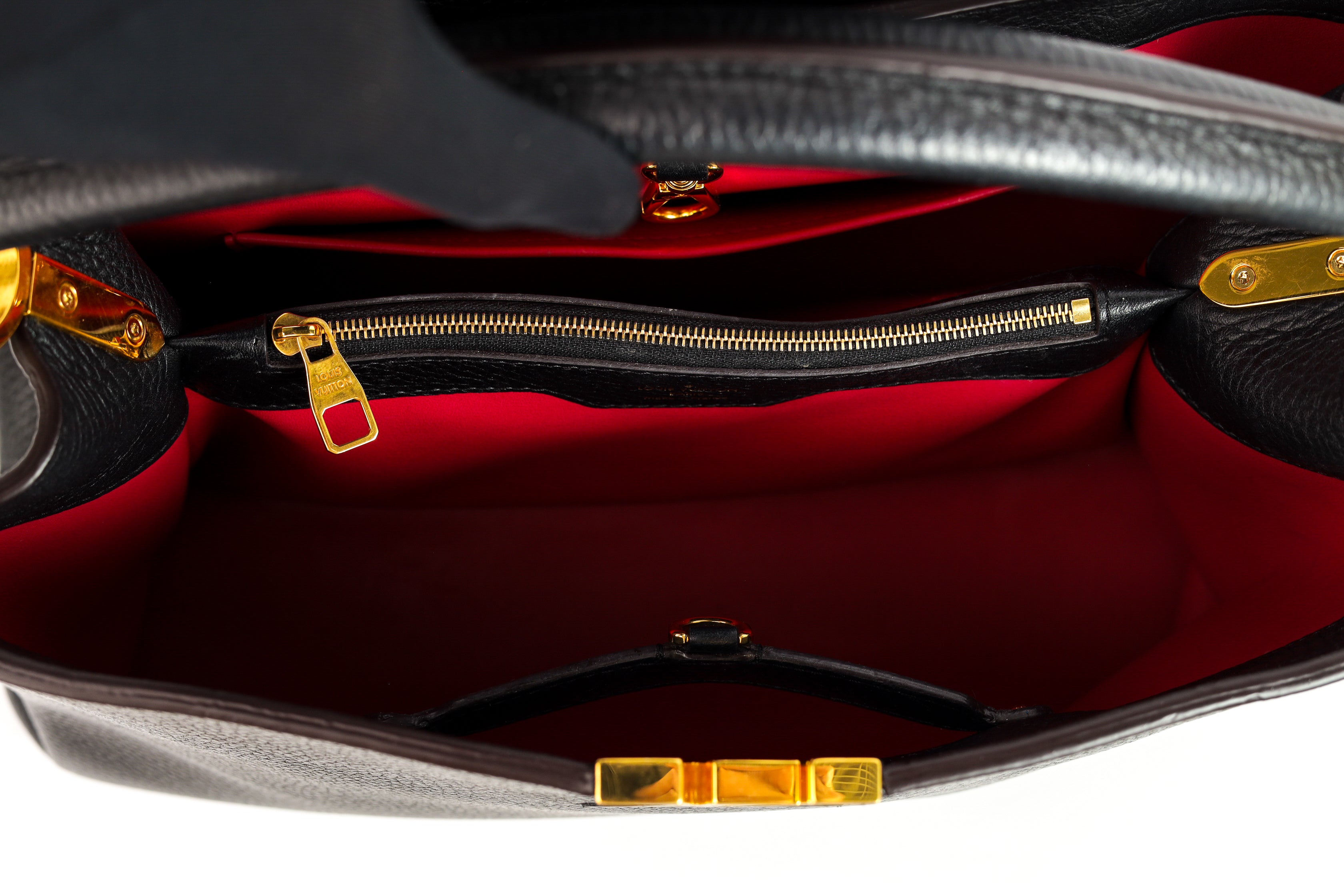 Authentic LV Capucines MM Black Leather Fuchsia Inside Handbag