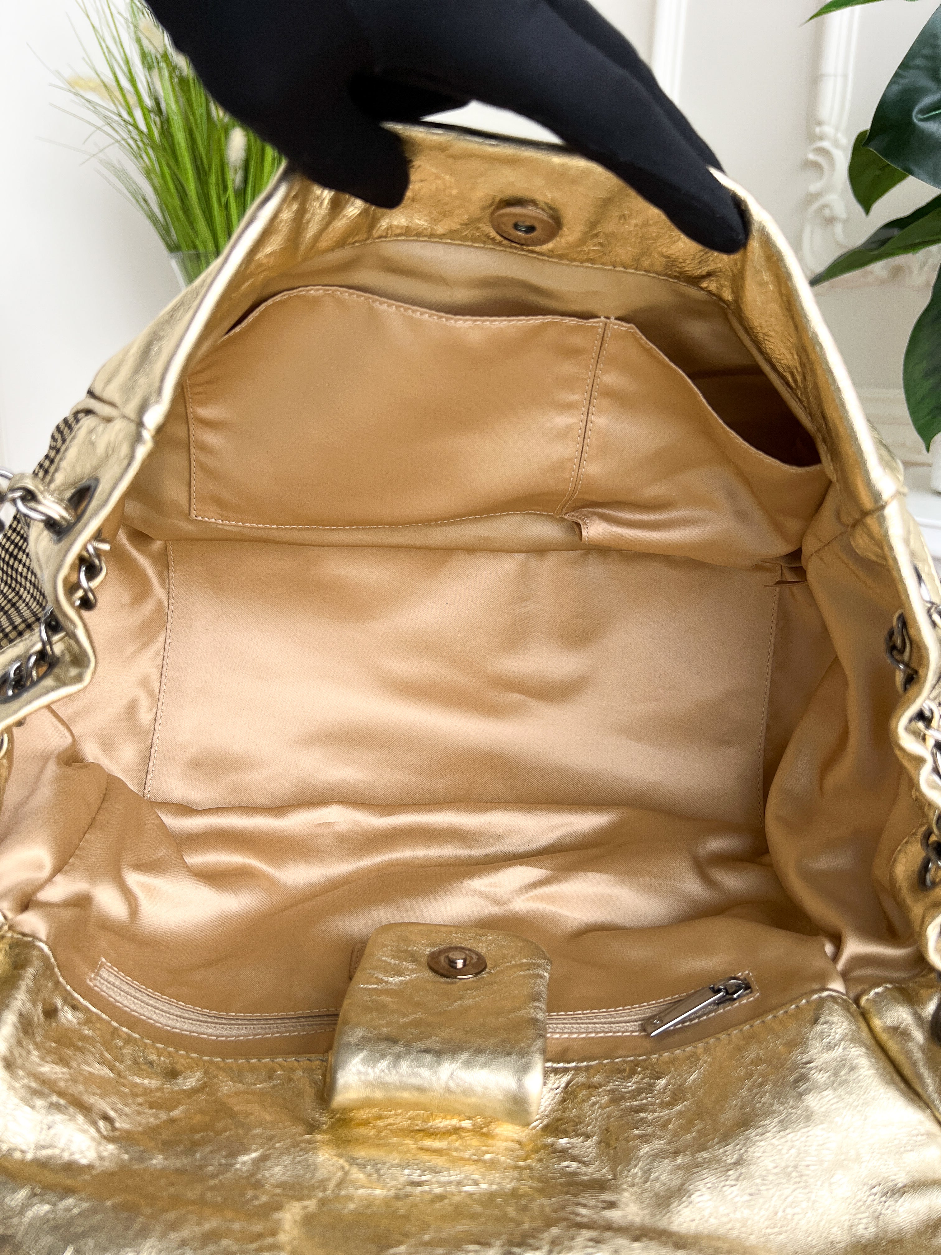 Authentic Chanel tote accordion gold leather chain bag crossbody handbag