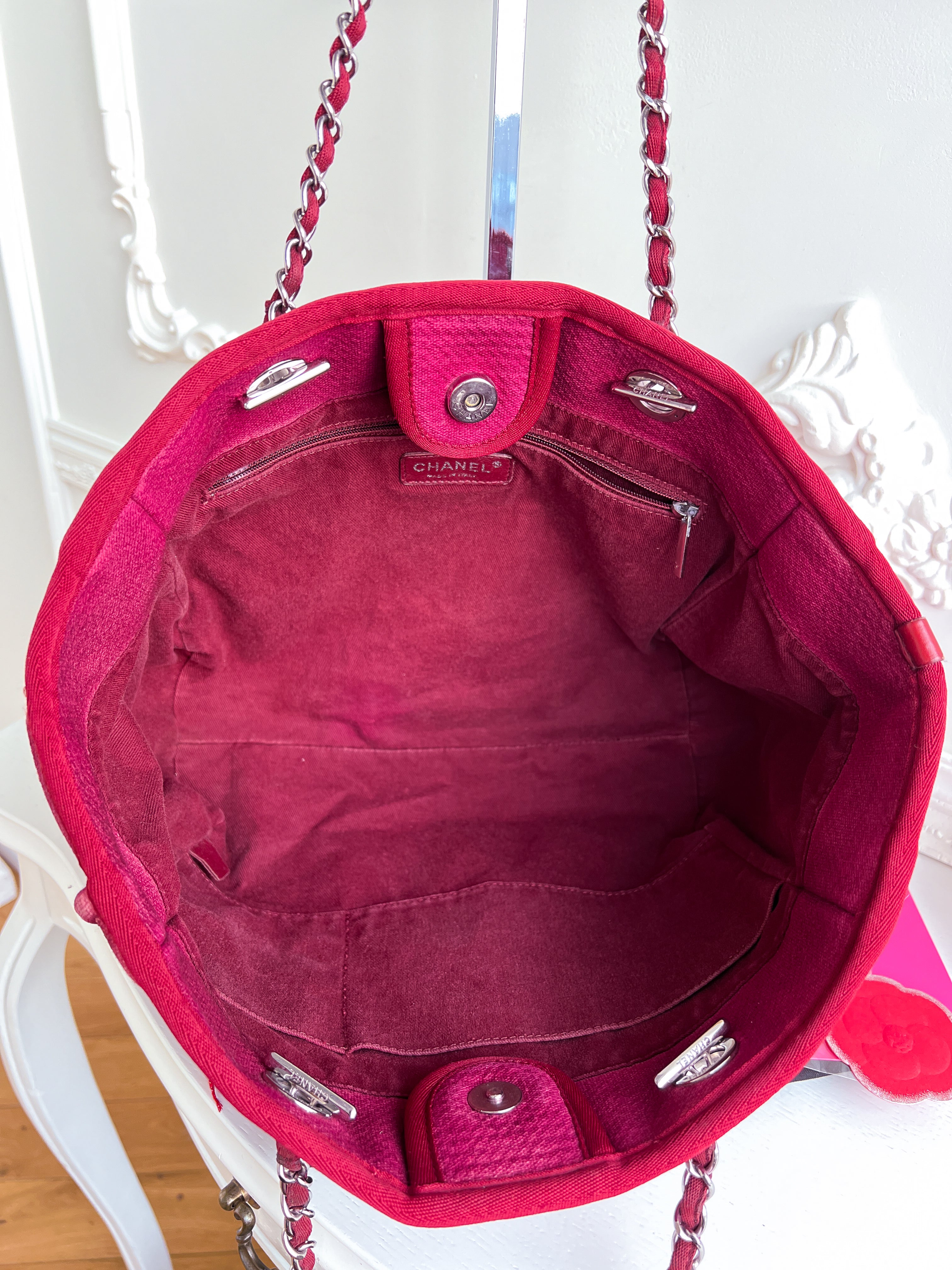Authentic Chanel Deauville tote red in Cotton Shoulder handbag