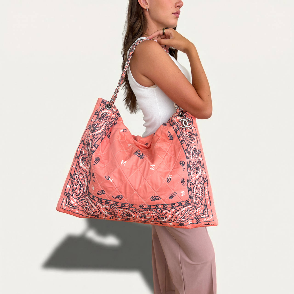 Chanel Bandana XL Tote Cotton Cambon Pink Hobo Chains Bag