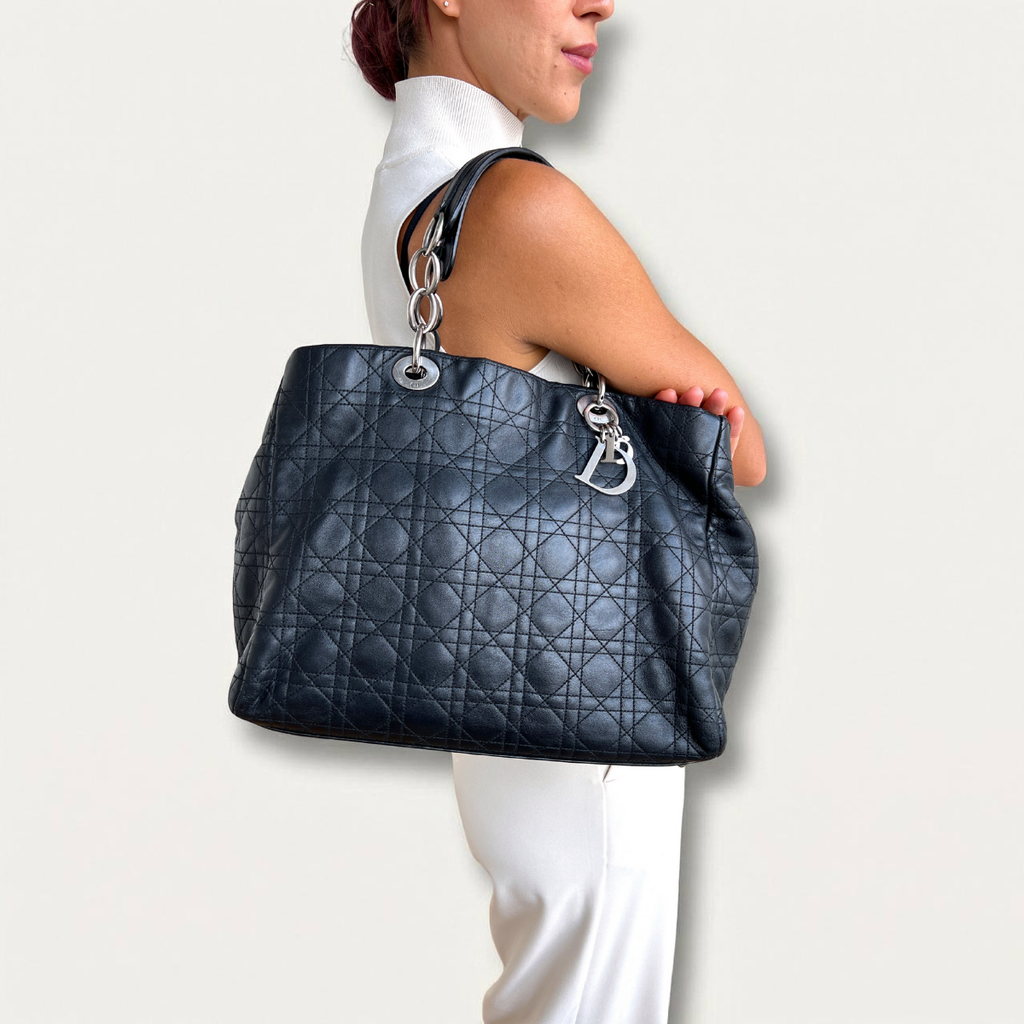 Christian Dior Silver Tote Canage Black Quilted Leather Bag