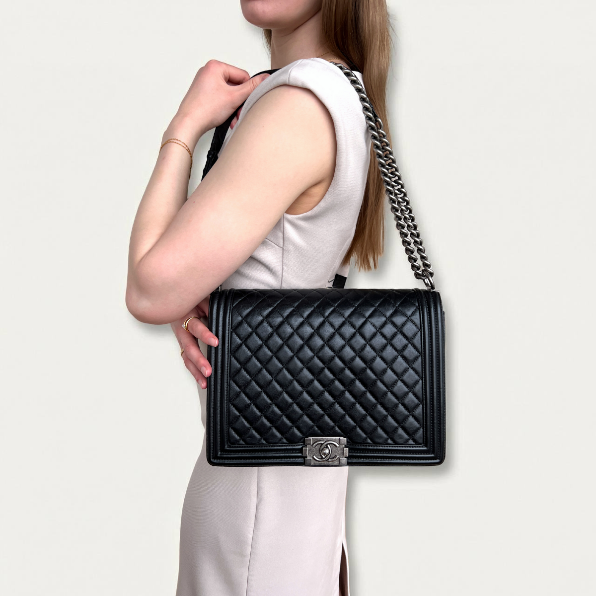 Chanel Boy Large Black Lambskin Leather Crossbody Bag