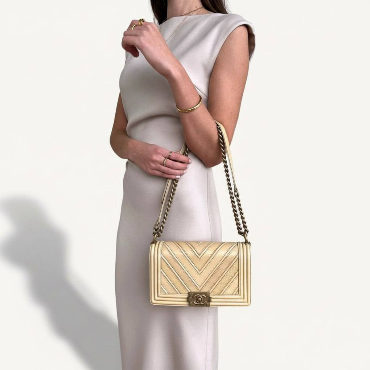 Chanel Boy Old Chevron Lambskin Crossbody Beige Bag