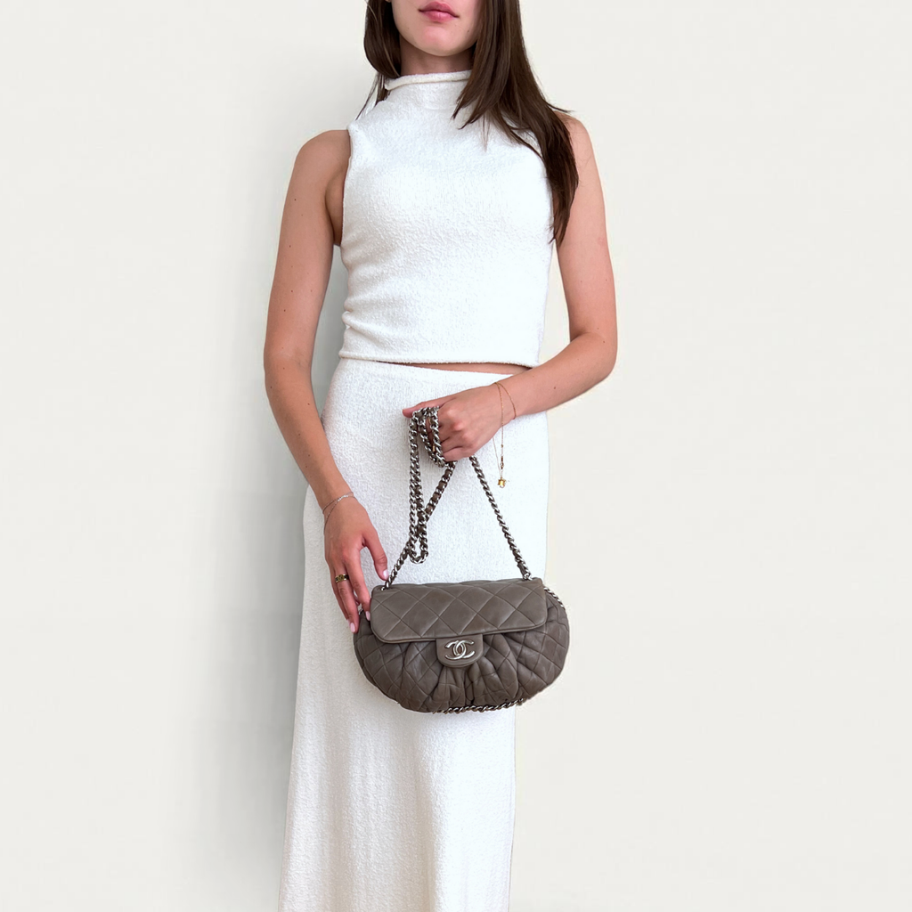 Chanel Quilted Large Chain Flap Taupe Crossbody Gray-Beige Clutch