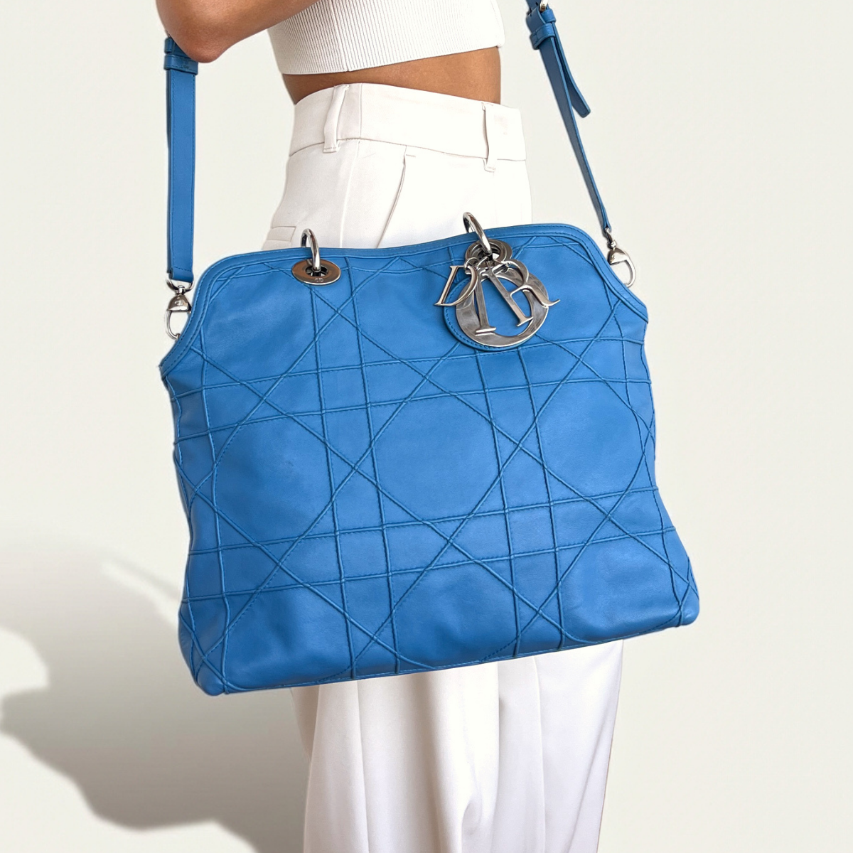 Christian Dior Cannage Granville Blue Leather Tote Shoulder Bag