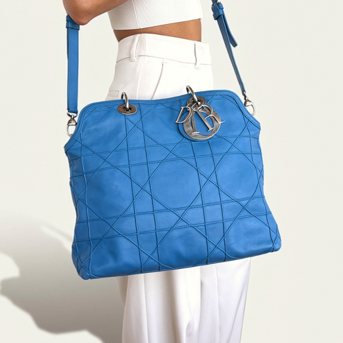 Christian Dior Cannage Granville Blue Leather Tote Shoulder Bag