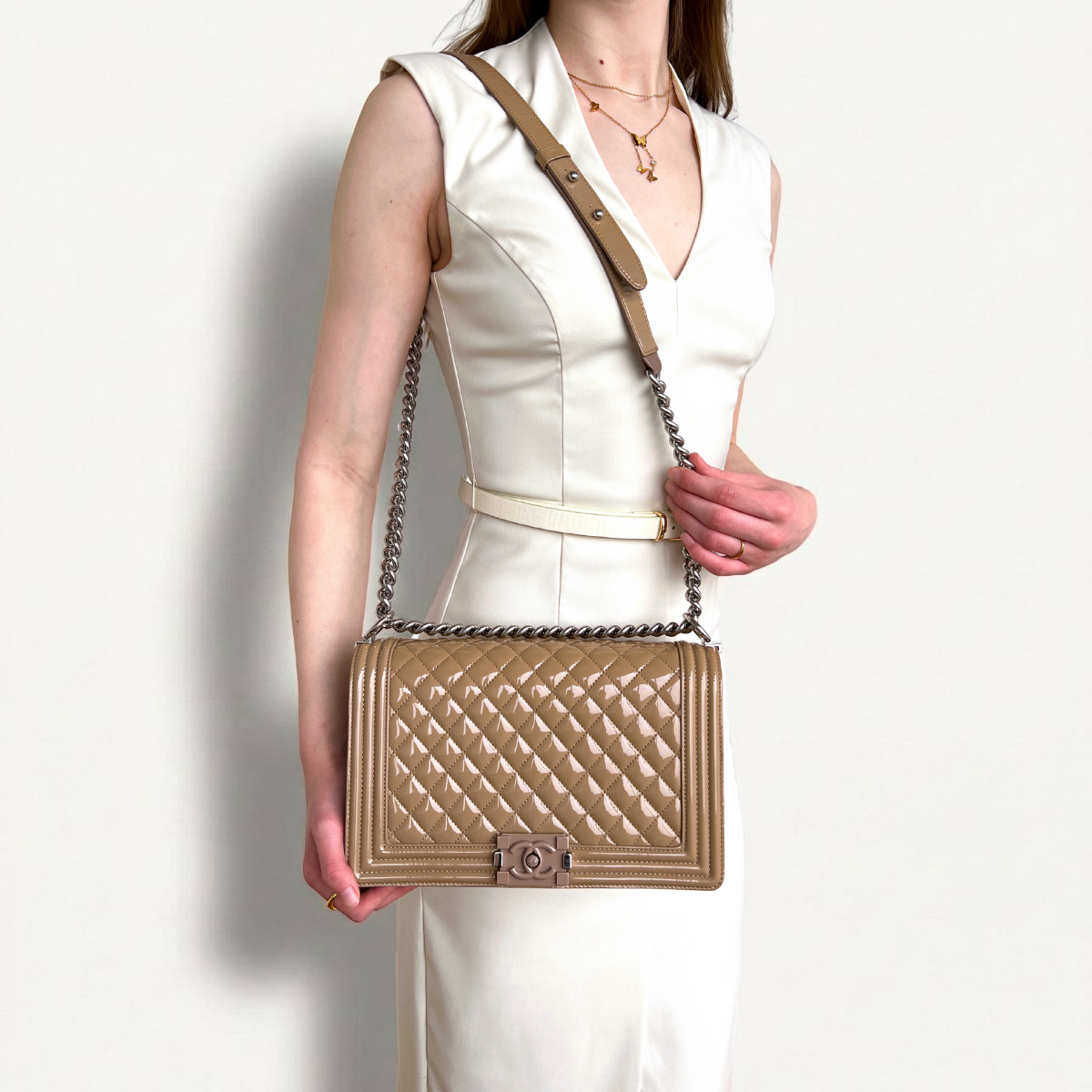 Chanel Boy Medium Patent Beige Quilted Crossbody Bag