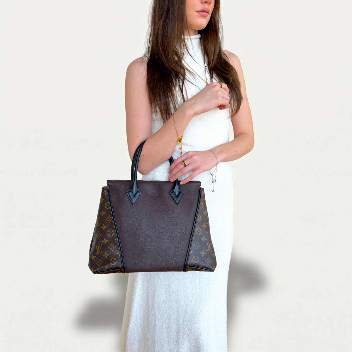 Louis Vuitton W Tote Monogram Cuir Orfevre Chocolate Bag