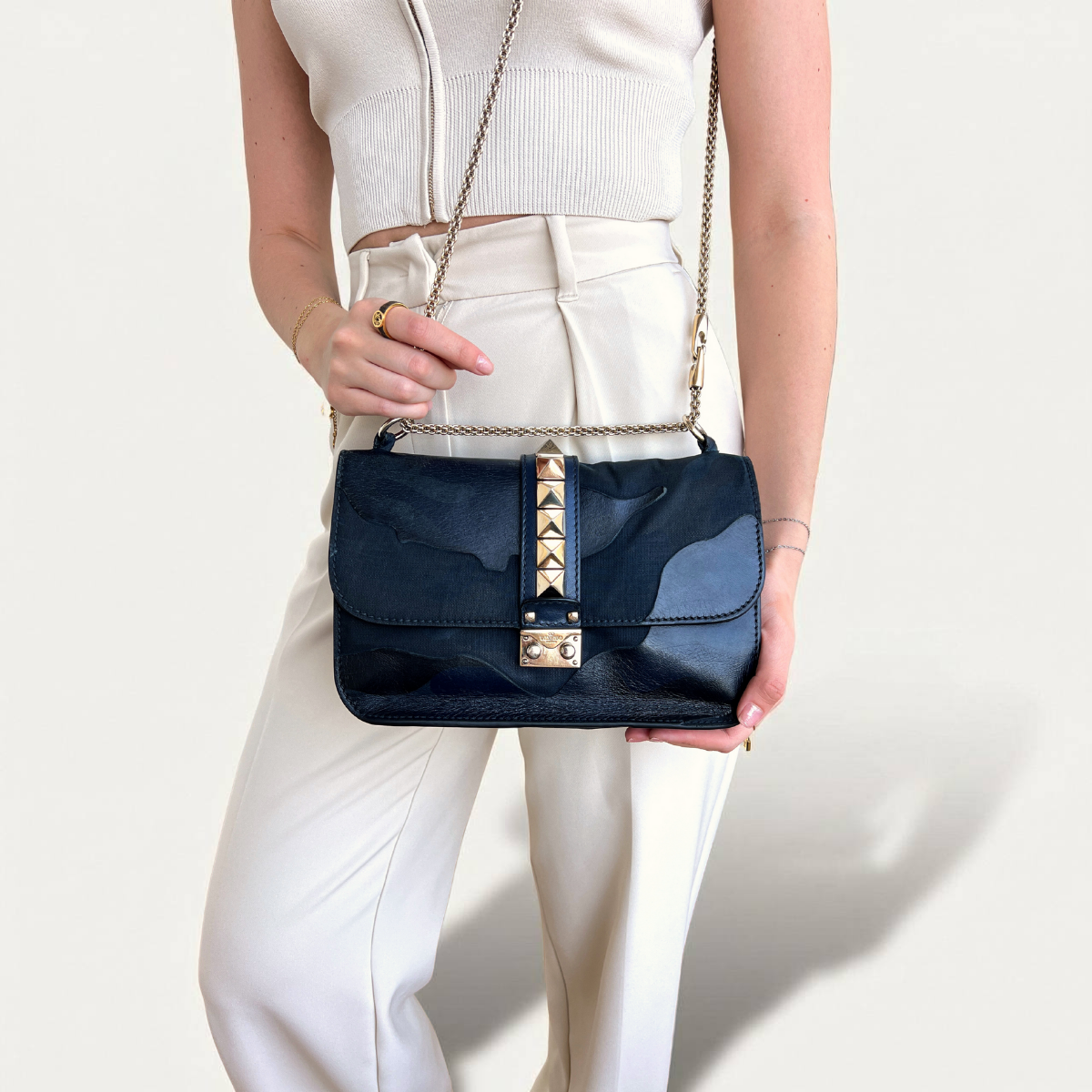 Valentino Rockstud Glam Lock Dark Blue Leather Crossbody Bag