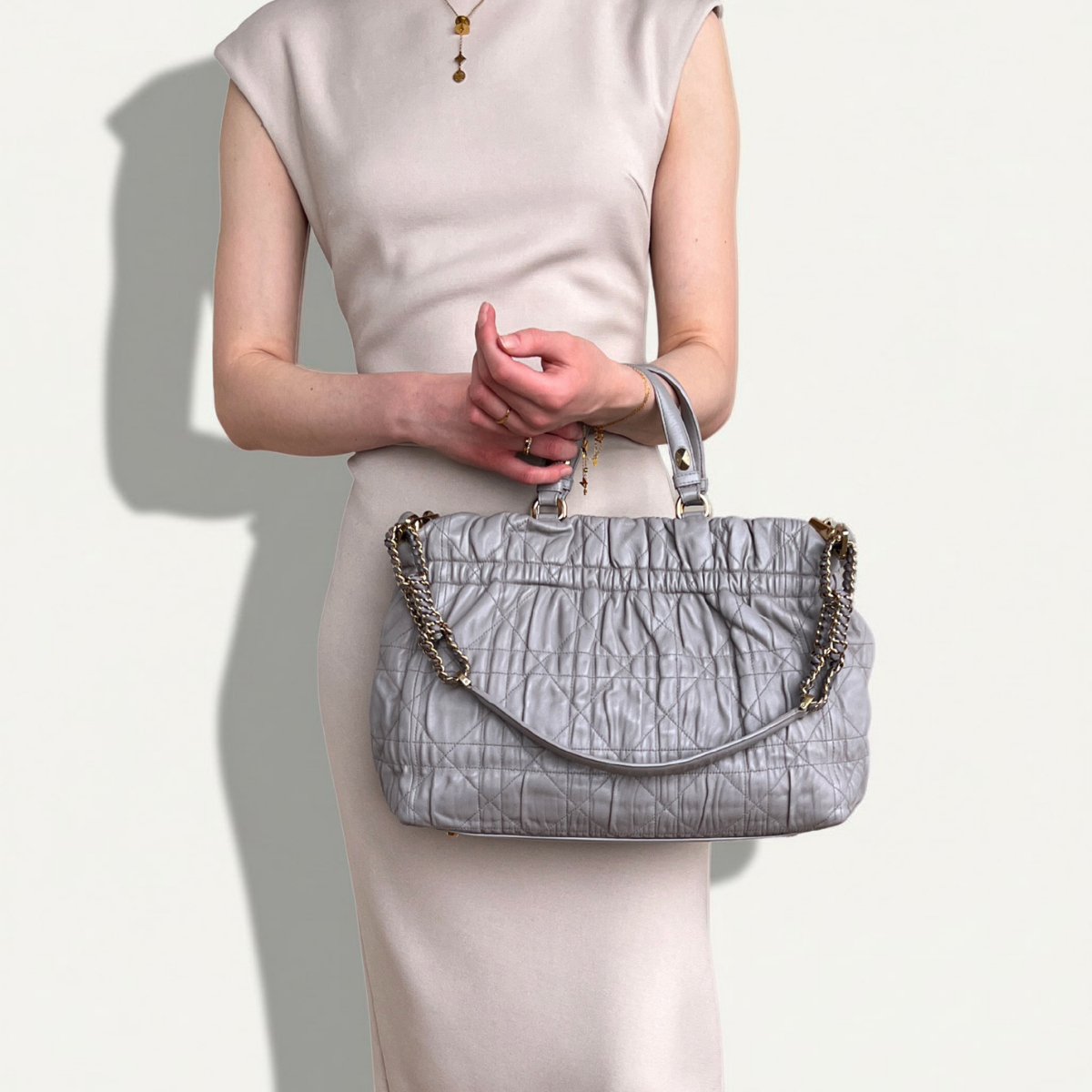 Christian Dior Quilted Cannage Leather Gaufre Delices Gray Bag
