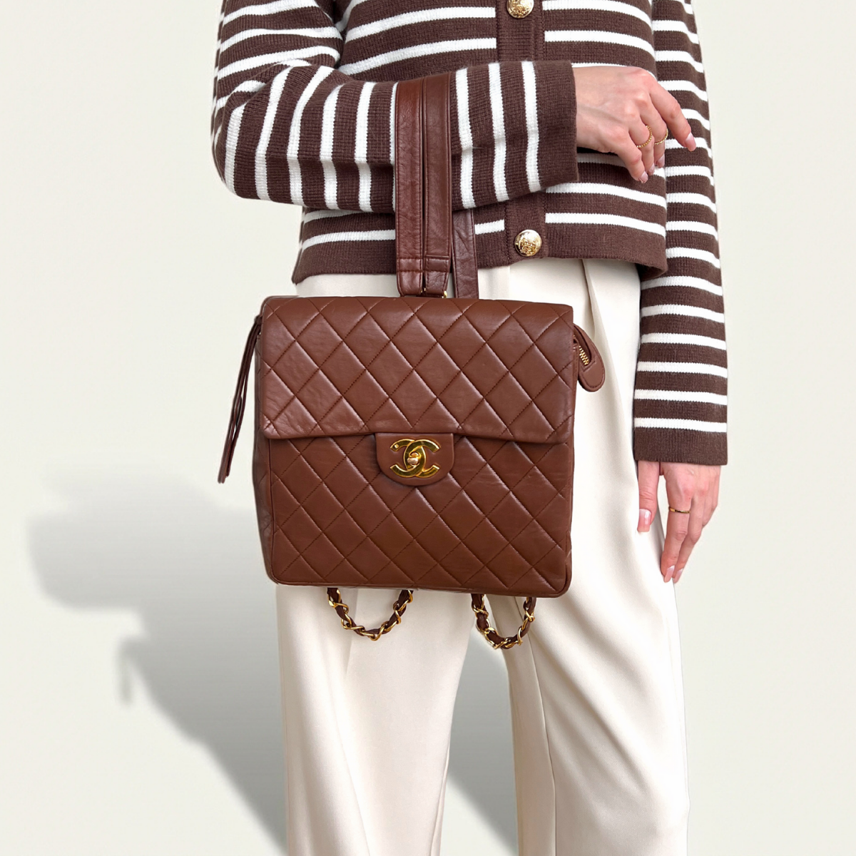 Authentic Chanel Backpack Brown Lambskin Leather Quilted Vintage