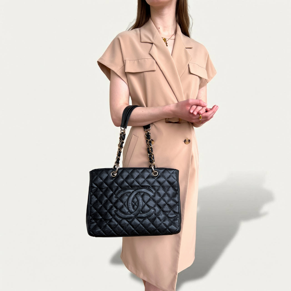 Chanel Black Quilted Caviar Leather CC Logo Grand Shopper Bag