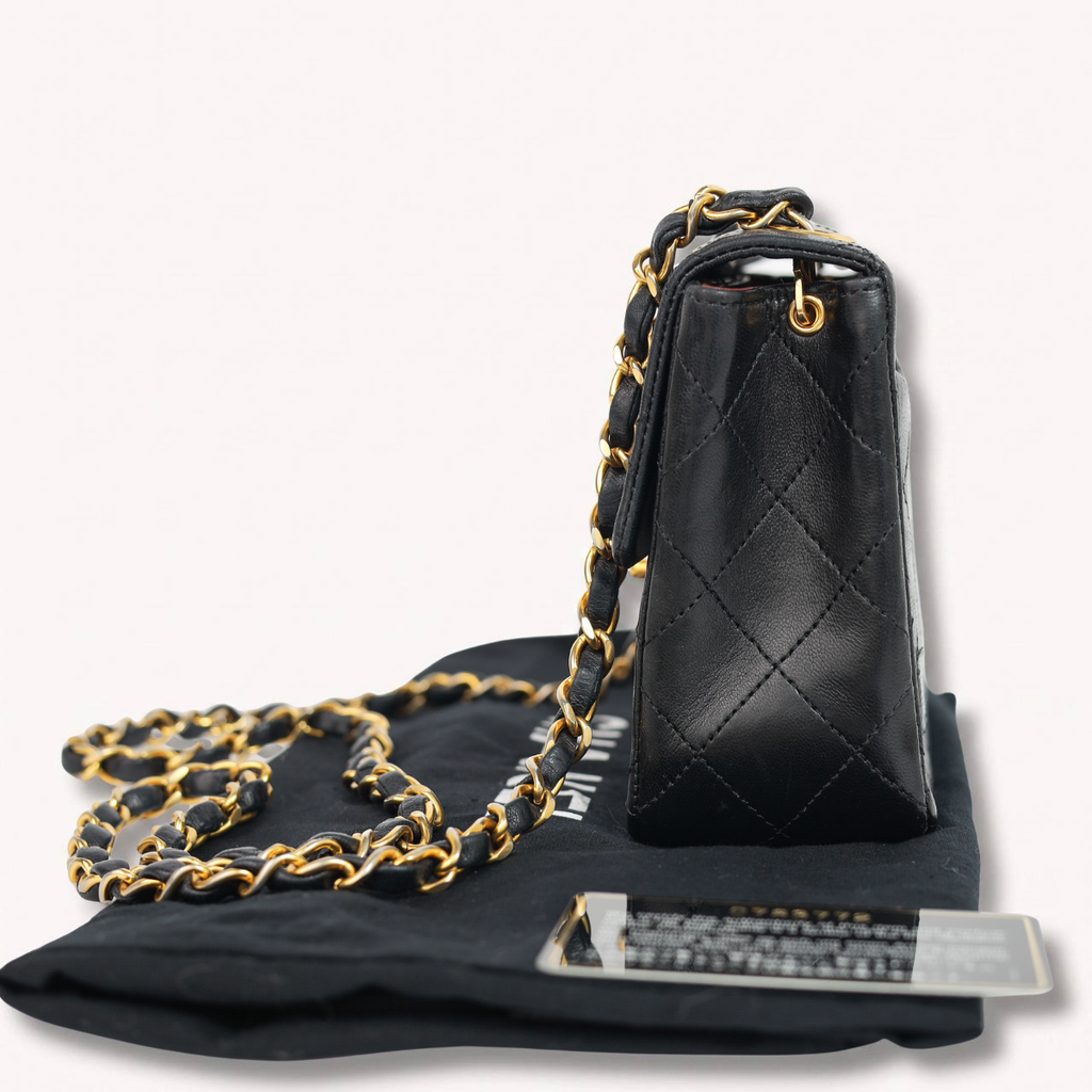 Authentic Chanel Mini square one flap Lambskin chain Shoulder Bag crossbody black
