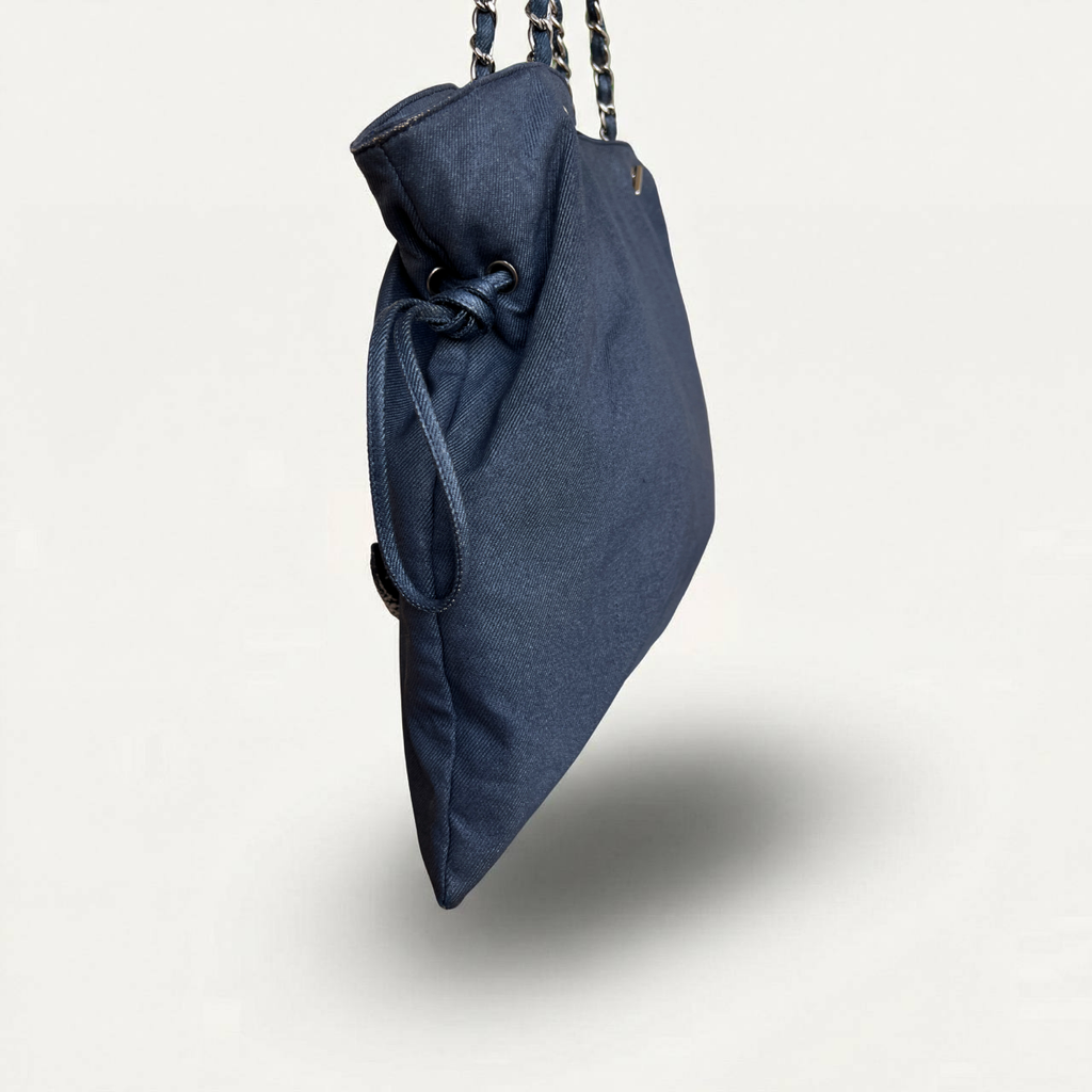 Chanel Denim Discus Large Drawstring Tote Shoulder Shopping CC Bag