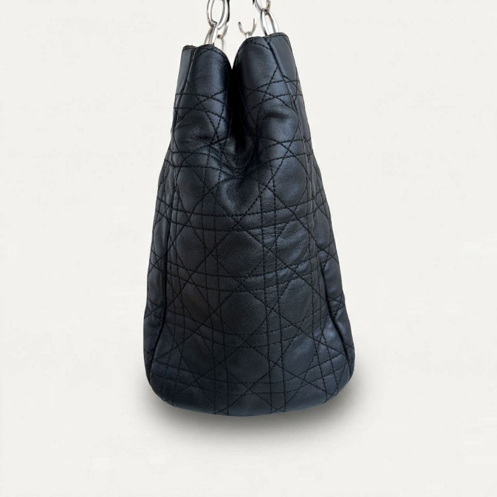 Christian Dior Silver Tote Canage Black Quilted Leather Bag