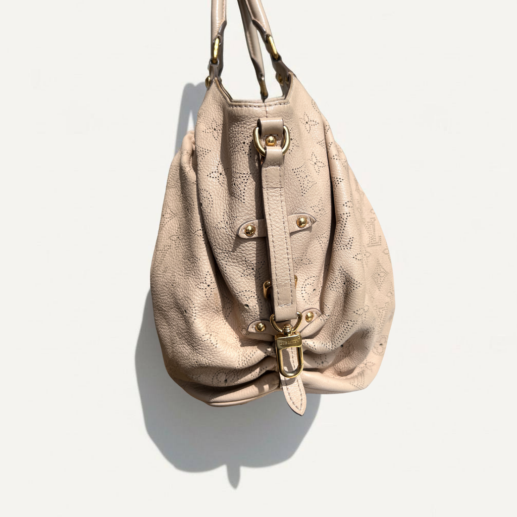 Louis Vuitton Mahina L Leather Beige Monogram Hobo Shoulder