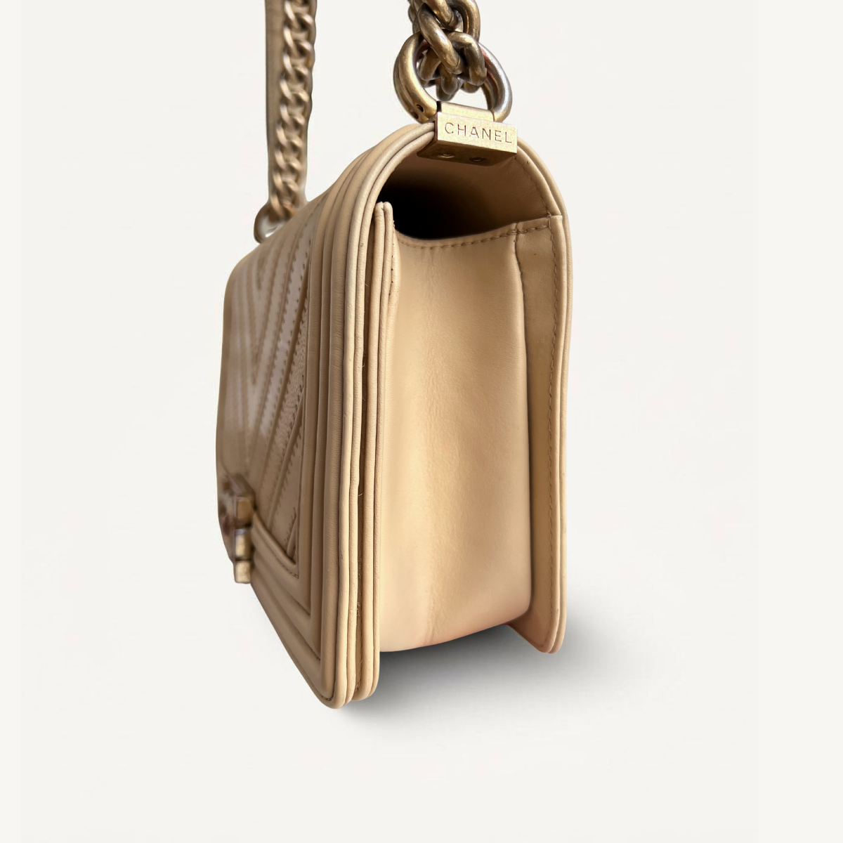 Chanel Boy Old Chevron Lambskin Crossbody Beige Bag