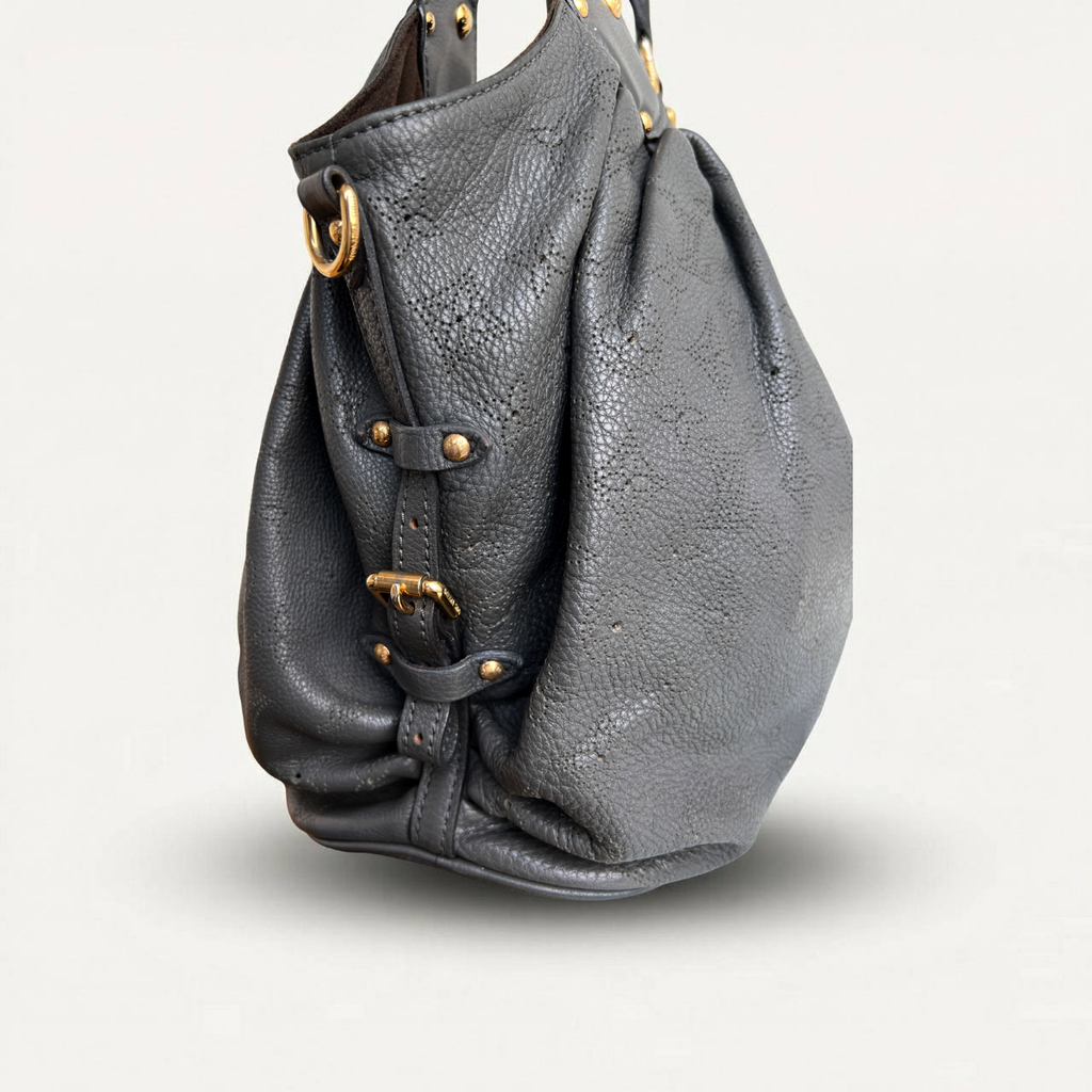 Louis Vuitton Mahina L Leather Gray Monogram Hobo Shoulder Bag