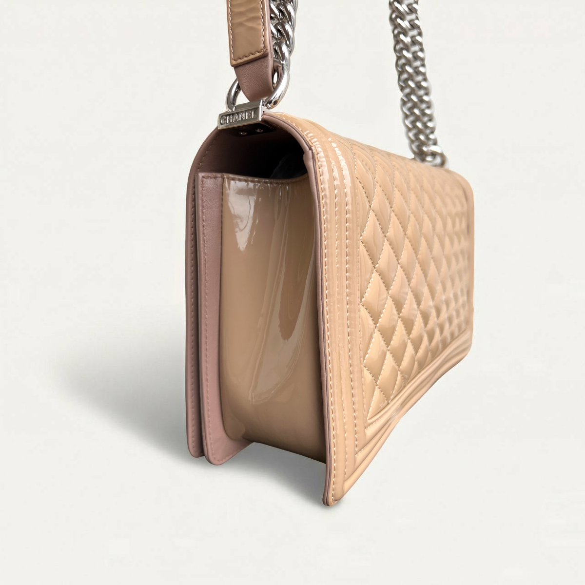 Chanel Boy Medium Patent Beige Quilted Crossbody Bag