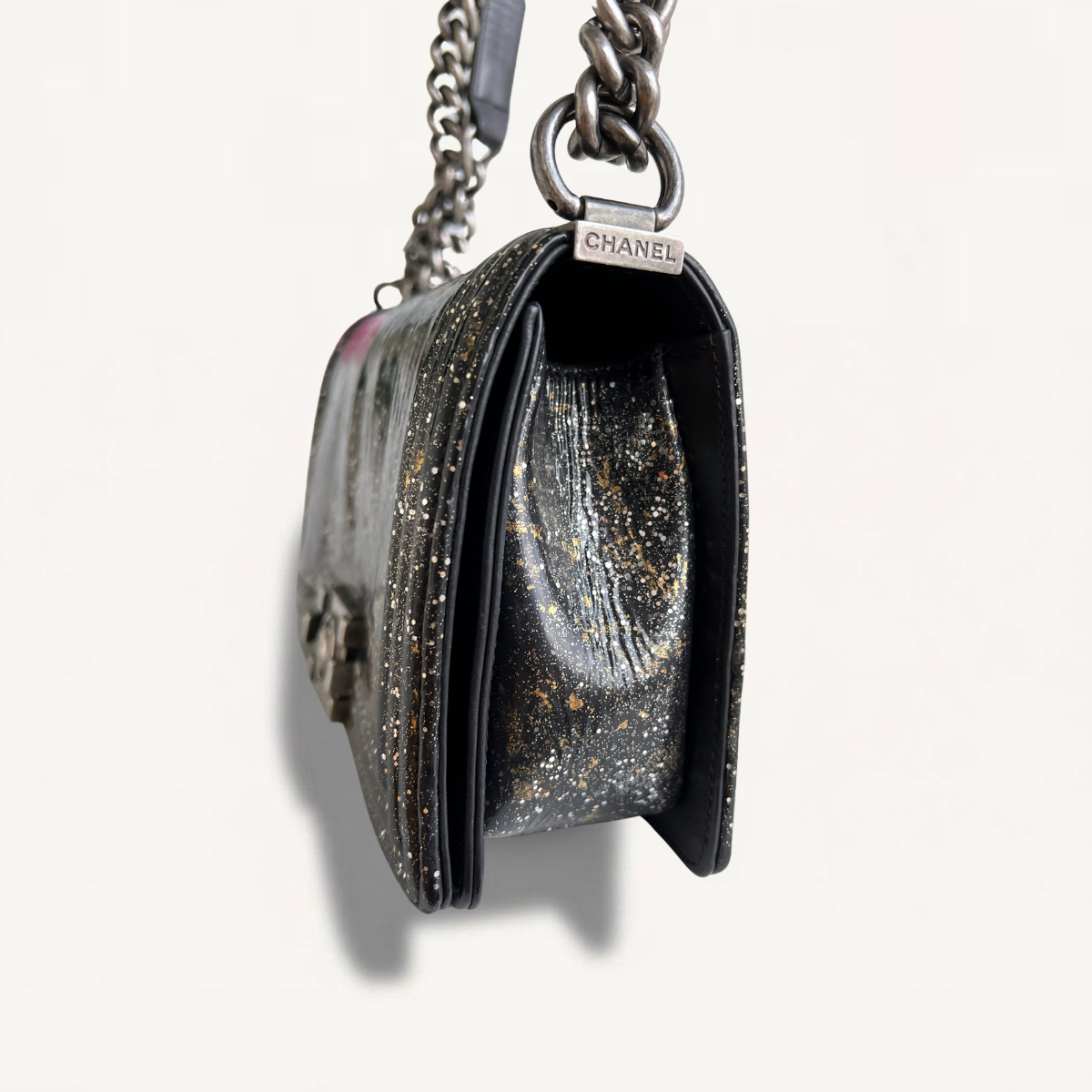 Chanel Old Boy Medium Crystal Glitter Patent Leather Black Bag