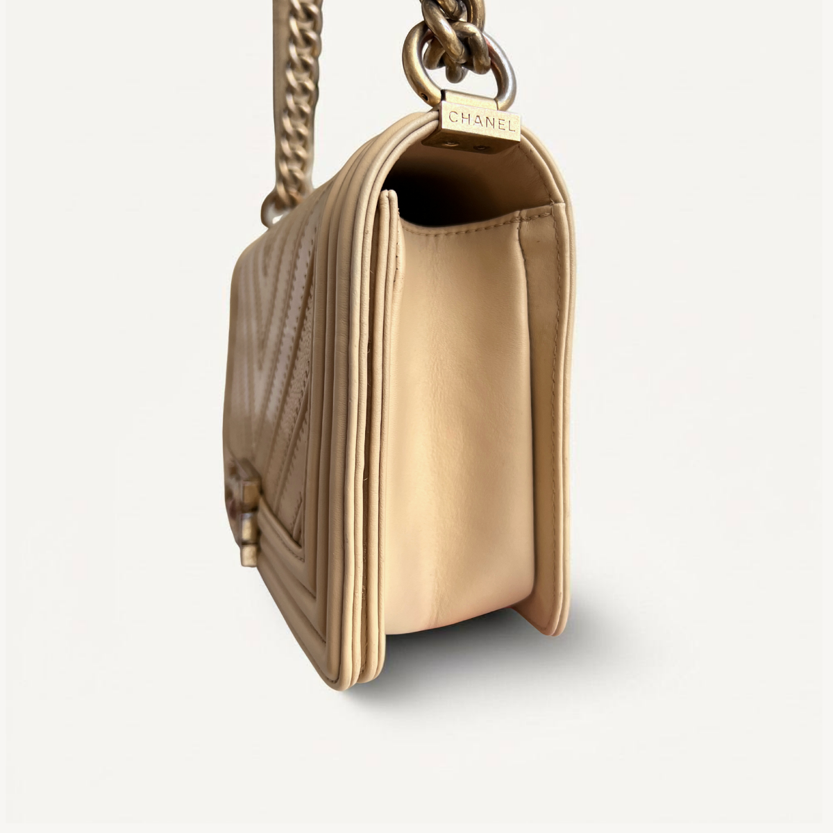 Chanel Boy Old Chevron Lambskin Crossbody Beige Bag